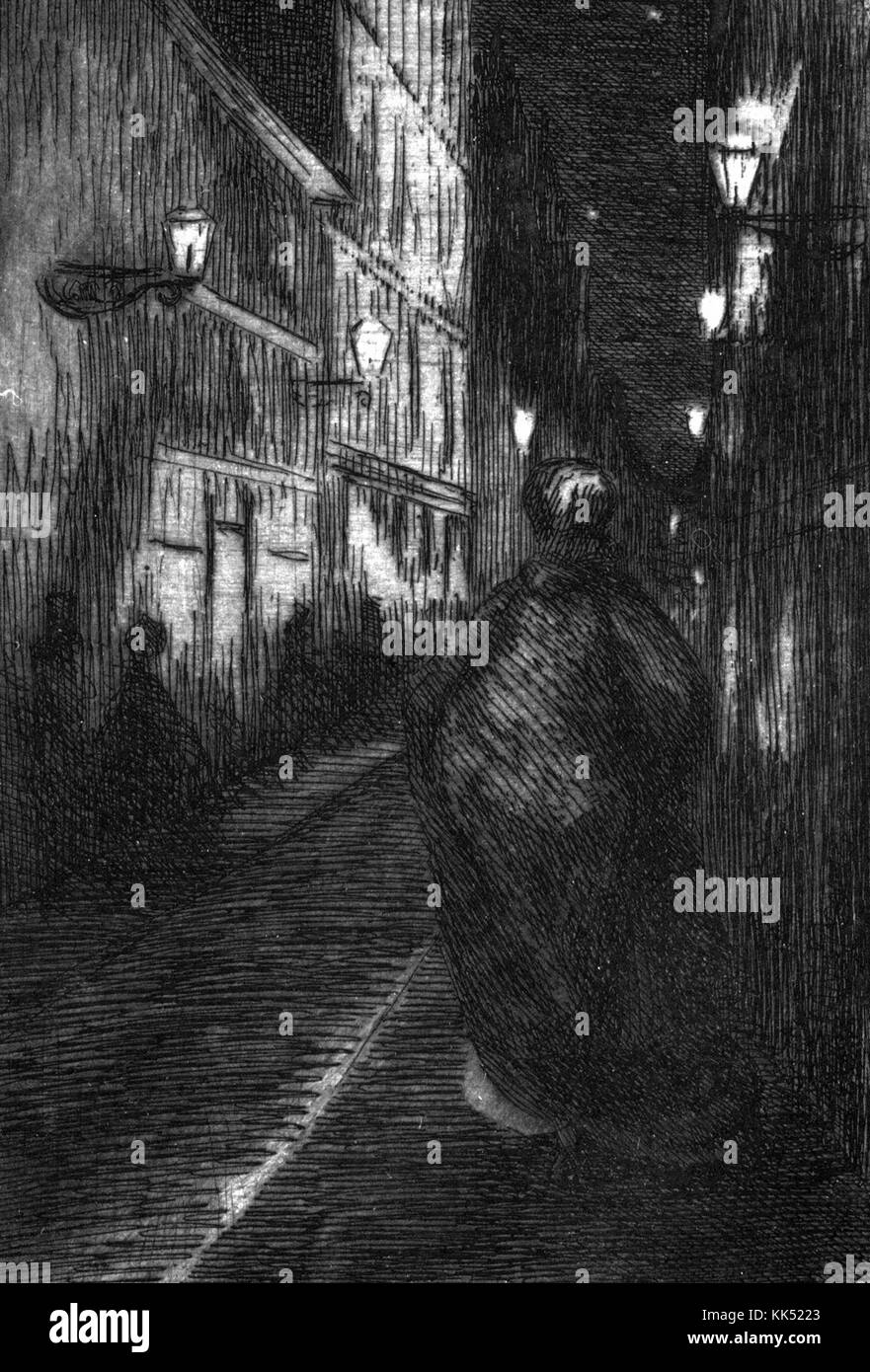 Ein Stich aus einer Illustration mit dem Namen Paris la Nuit, die in Paris bei Nacht übersetzt wird, eine Figur mit einem großen, bodenlangen Mantel wird auf der Straße gezeigt, Lampen entlang der Straße sorgen für wenig Licht für die Gebäude, die auf beiden Seiten stehen. Sterne sind am Himmel zu sehen, Frankreich, 1867. Aus der New York Public Library. Stockfoto