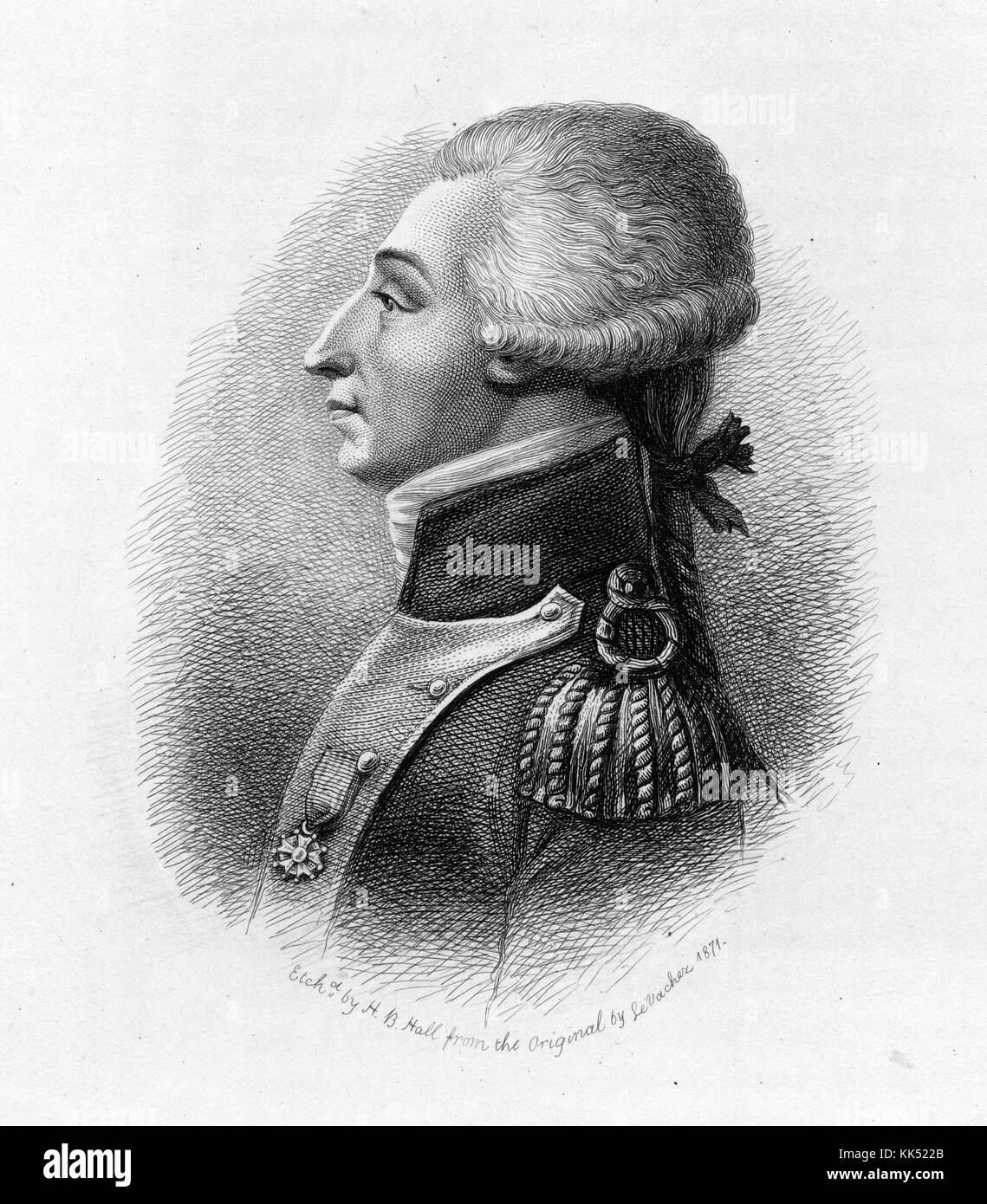 Ein Kupferstich aus einem Porträt von Gilbert du Motier, Marquis de Lafayette, war ein französischer Offizier, der während des Amerikanischen Unabhängigkeitskrieges für die Vereinigten Staaten kämpfte, er war ein enger persönlicher Freund mehrerer Gründungsväter, er war auch eine zentrale Figur der ersten und zweiten französischen Revolution, 1871. Aus der New York Public Library. Stockfoto