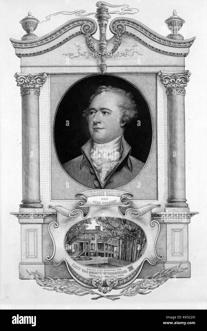 Er war einer der Gründungsväter der Vereinigten Staaten, während des Amerikanischen Unabhängigkeitskrieges arbeitete er, um Chefstabsassistent von George Washington zu werden. er war auch der erste US-Finanzminister, der 1902 das Finanzsystem der USA durch die Bank of the United States gründete. Aus der New York Public Library. Stockfoto