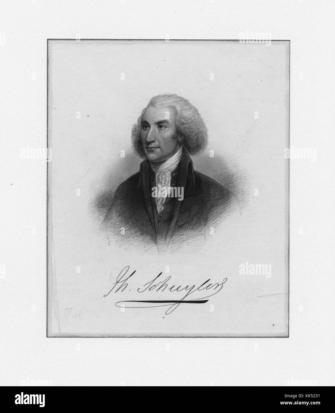 Ein Stich aus einem Porträt von Major General Augustine Prevost, er war ein britischer Militäroffizier, der sowohl im Siebenjährigen Krieg als auch im Amerikanischen Revolutionskrieg diente, er führte eine Invasion Georgiens und eroberte die Stadt Savannah, er verteidigte die Stadt während der Belagerung von Savannah, 1842. Aus der New York Public Library. Stockfoto