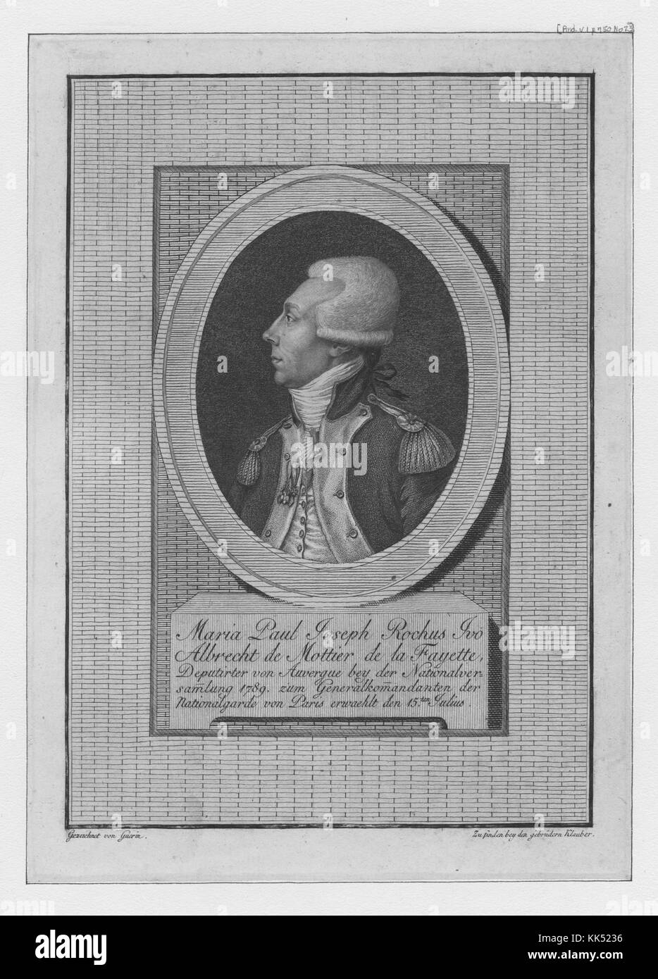 Marquis de Lafayette, ein französischer Offizier, der während des Amerikanischen Unabhängigkeitskriegs für die Vereinigten Staaten kämpfte, war eine Gravur aus einem Porträt von Gilbert du Motier und eine wichtige Figur im Französischen Unabhängigkeitskrieg 1789, 1800. Aus der New York Public Library. Stockfoto