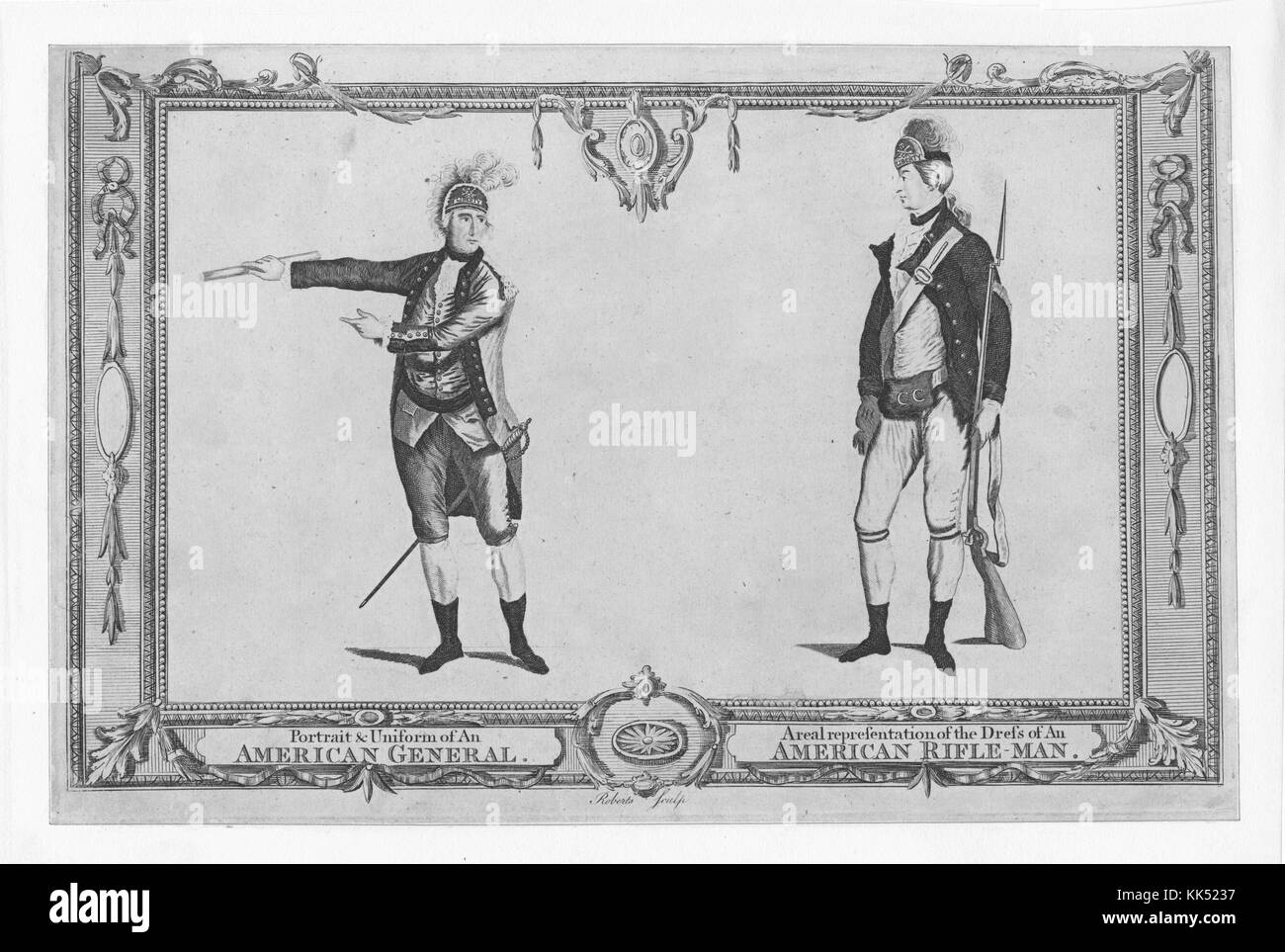 Ein Gravur aus zwei abendfüllenden Porträts von Mitgliedern des amerikanischen Militärs während des Amerikanischen Unabhängigkeitskrieges, der Soldat links ist ein General, der ein Schwert trägt und mit einem gerollten Dokument in der Hand gezeigt wird. der Soldat auf der rechten Seite ist ein Schützling, der nur mit seiner Waffe bewaffnet ist, beide Soldaten haben kurze Hosen, Strümpfe, Stiefel und Button-Down-Hemden, die Jacke des Generals ist eine hellere Farbe als die des Schützers und sie enthält auch Schulterklappen, 1832. Aus der New York Public Library. Stockfoto