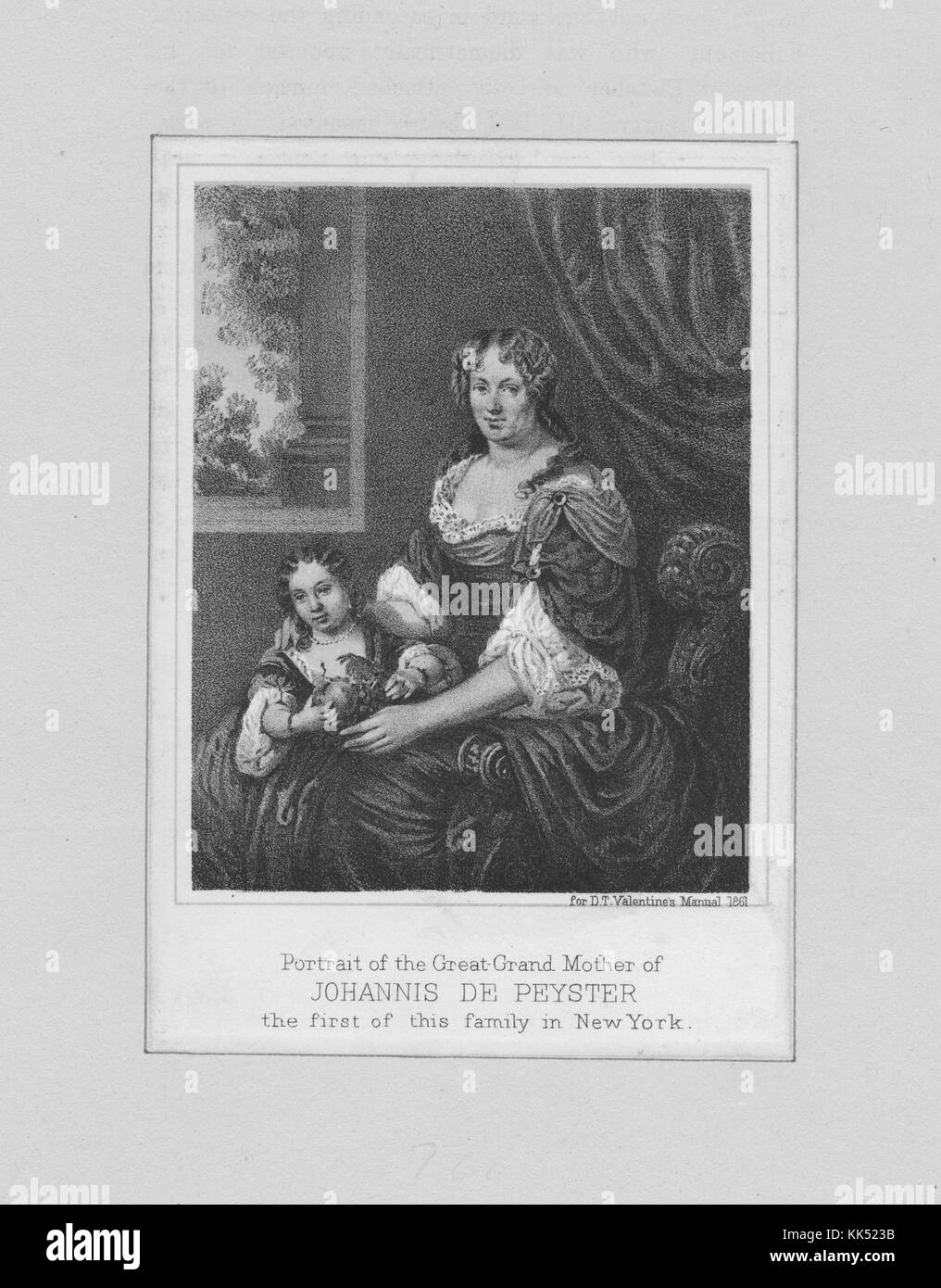 Ein Kupferstich aus einem Porträt der Urgroßmutter von Johannes de Peyster, er war der 23. Bürgermeister von New York City, sein Bruder und sein Schwager waren beide Bürgermeister von New York City, sein Sohn war Bürgermeister von Albany. seine Urgroßmutter und ein junges Mädchen erscheinen auf dem Porträt in identischen, fließenden Kleidern und mit identisch gestylten Haaren, 1750. Aus der New York Public Library. Stockfoto
