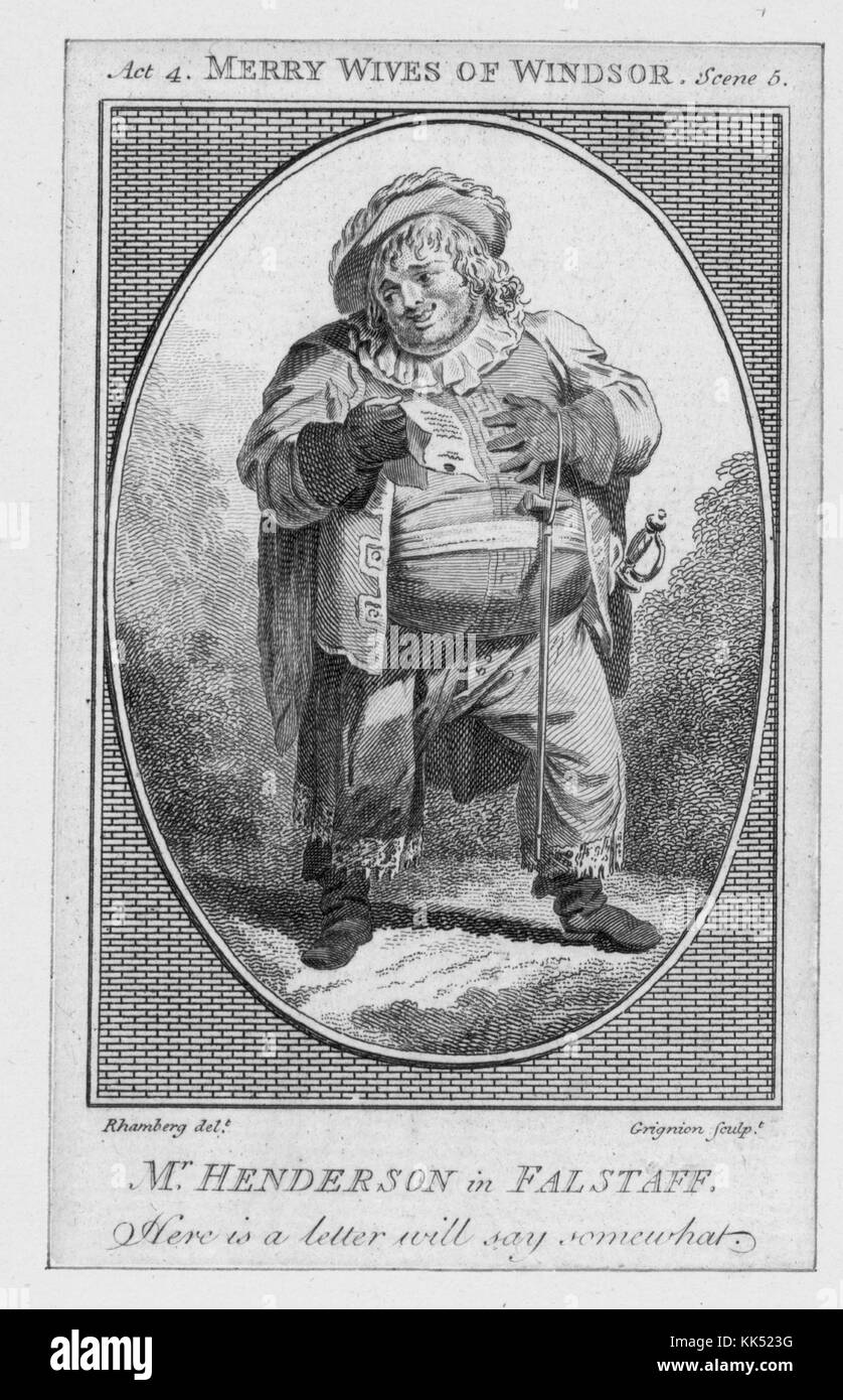 Eine Gravur aus einem Bild von John Henderson in Kostüm als Falstaff von den fröhlichen Frauen von Windsor von William Shakespeare, bevor er im Alter von 38 Jahren starb, galt er als einer der größten Shakespeare Schauspieler seiner Zeit, 1800. Aus der New York Public Library. Stockfoto