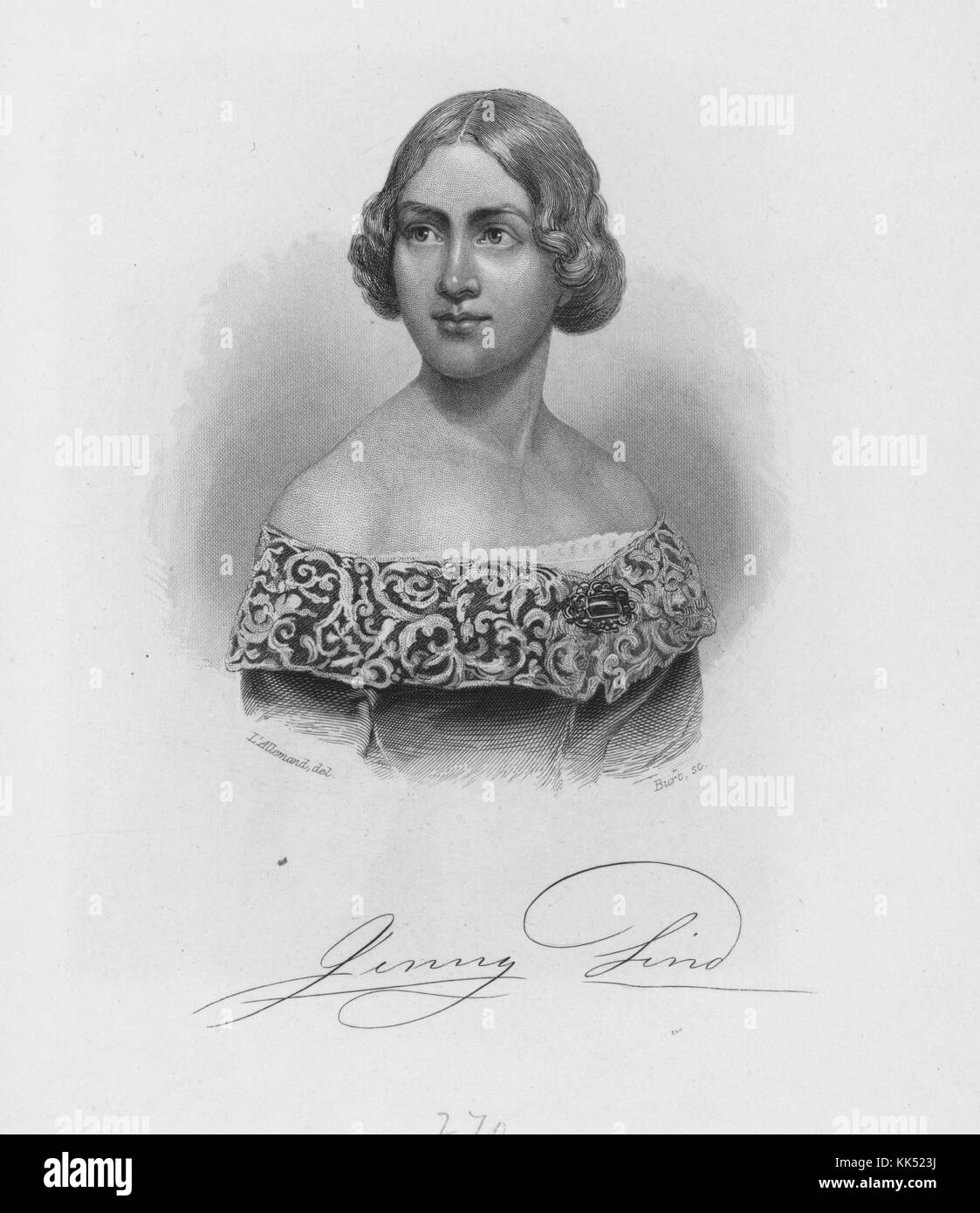 Eine Gravur aus einem Porträt von Jenny Lind. Sie war eine schwedische Opernsängerin mit dem Spitznamen „die schwedische Nachtigall“, besonders beliebt in Schweden und nordeuropäischen Ländern. Sie wurde auch sehr beliebt in den USA, nachdem sie 1850 auf Einladung von PT Barnum durch das Land gereist war. Später in ihrer Karriere war sie eine Professorin für Singen am Royal College of Music in London, 1800. Aus der New York Public Library. Stockfoto