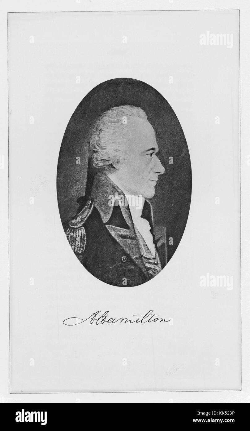Graviertes Porträt von Alexander Hamilton, einem Gründervater der Vereinigten Staaten, Chief Staff Aid von George Washington, Gründer des nationalen Finanzsystems, Gründer der Föderalistischen Partei, der weltweit ersten Wählerpartei, Vater der United States Coast Guard und Gründer der New York Post, im Profil, in einem Oval mit einer Kopie seiner Unterschrift, 1890. Aus der New York Public Library. Stockfoto