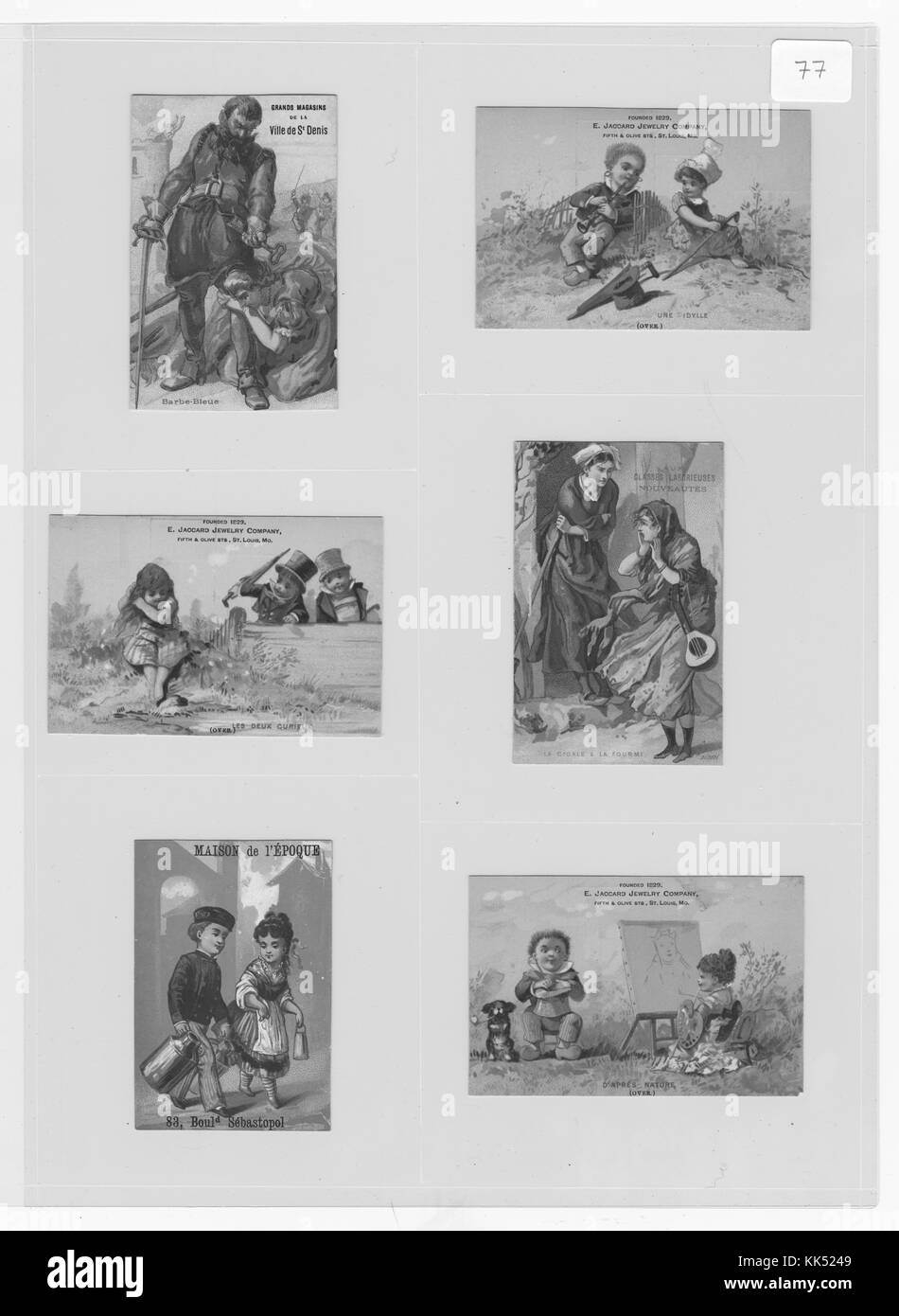 Tauschen Sie Karten aus, die die Balz zeigen, eine Frau, die ein Porträt malt, Blaubart und seine Frau und die Geschichte der Cicada und der Ant personifiziert, 1883. Aus der New York Public Library. Stockfoto