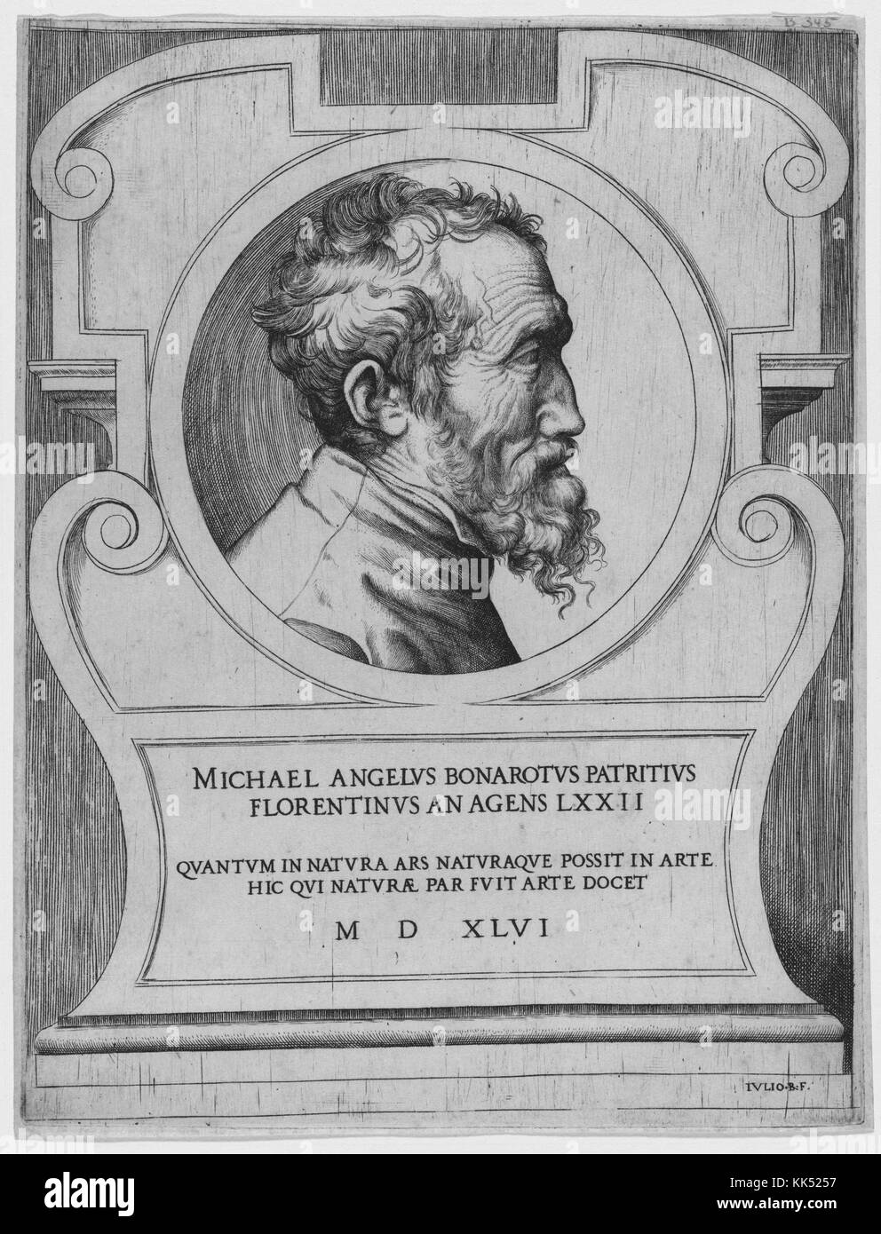 Graviert Portrait von Michelangelo Buonarroti, im Profil, im Alter von 72 Jahren, von giulio bonasoni, 1546 von der New York Public Library. Stockfoto