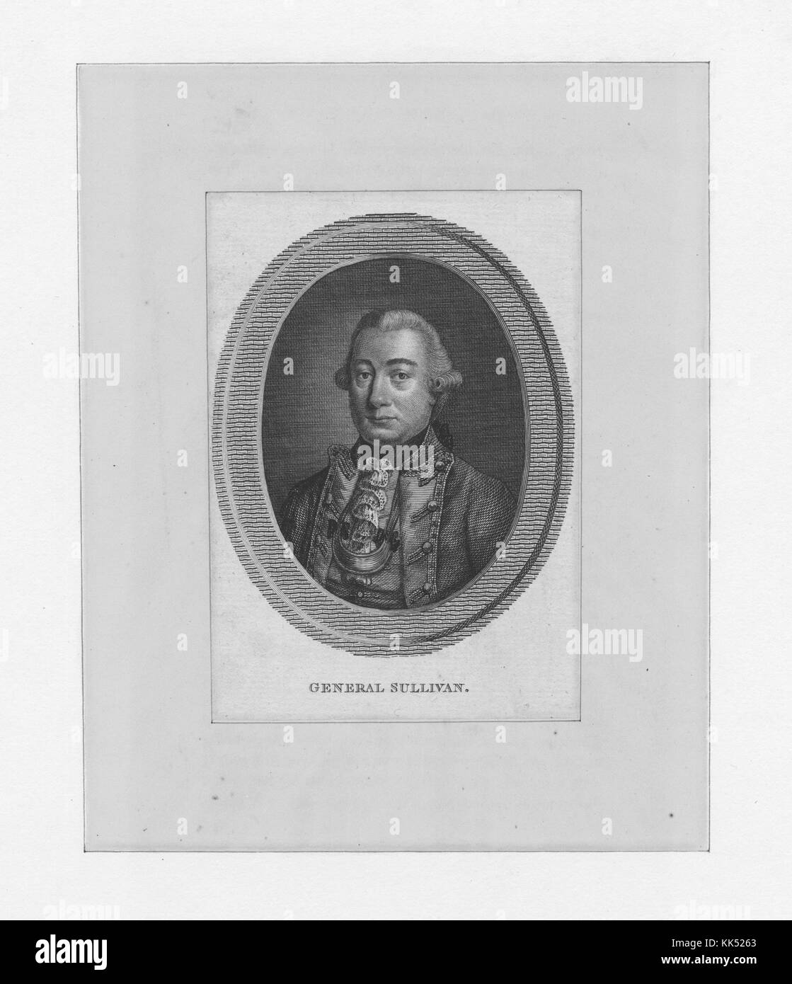 Eingraviertes Porträt von General John Sullivan, einem amerikanischen General im Unabhängigkeitskrieg, einem Delegierten im Kontinentalkongress, Gouverneur von New Hampshire und einem US-Bundesrichter, in Uniform, oval, 1800. Aus der New York Public Library. Stockfoto