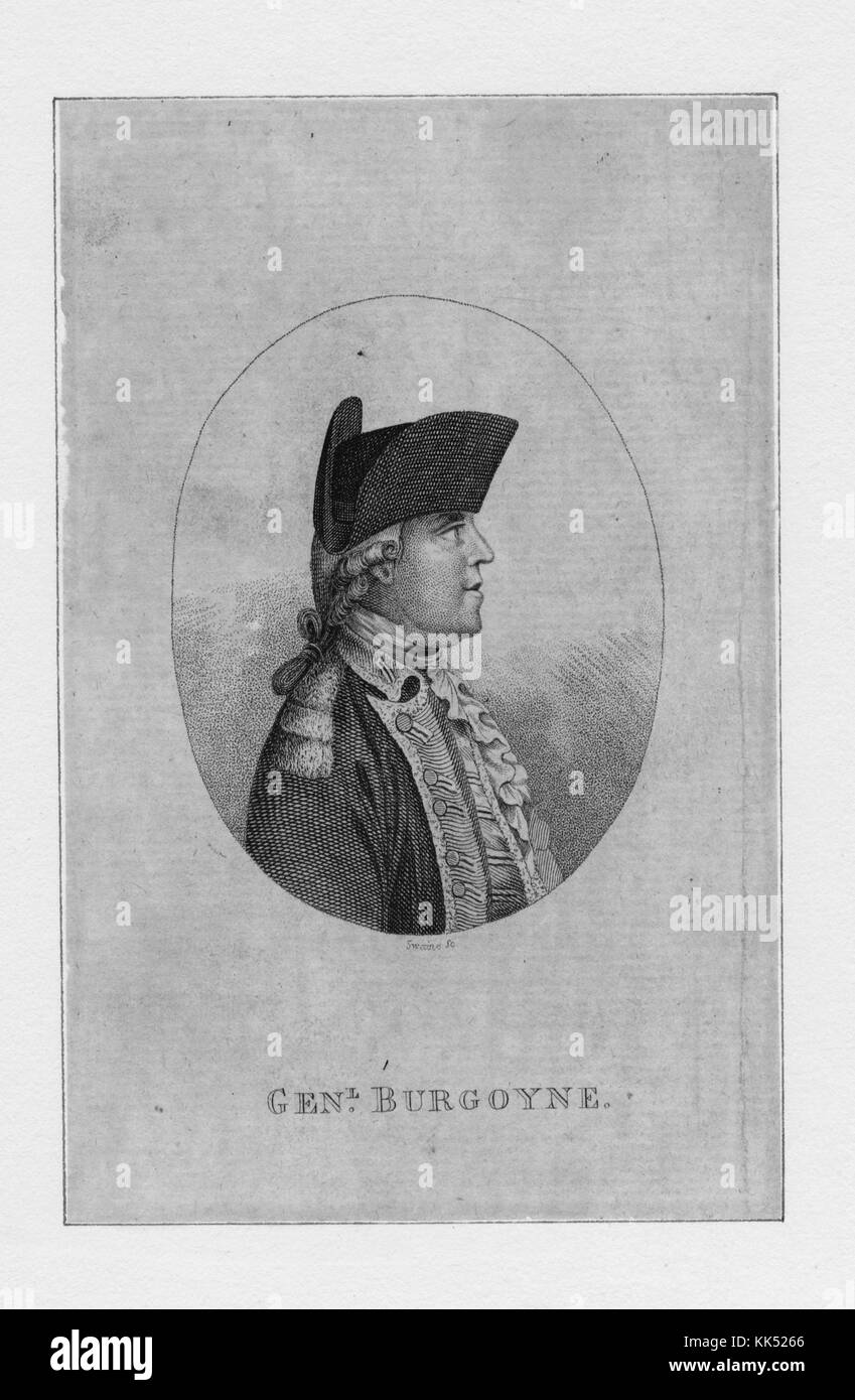 Gravurbild von General John Burgoyne, bekannt für seine Rolle im Amerikanischen Unabhängigkeitskrieg, er entwarf ein Invasionsprogramm und wurde ernannt, um eine Truppe zu befehligen, die von Kanada nach Süden zieht, um New England zu trennen und die Rebellion zu beenden. Aber seine langsame Bewegung ermöglichte es den Amerikanern, ihre Kräfte zu bündeln, also anstatt ihm gemäß dem Gesamtplan zu helfen, zog die britische Armee in New York City nach Süden, um Philadelphia zu fangen, umzingelt, kämpfte Burgoyne zwei kleine Schlachten in der Nähe von Saratoga, um auszubrechen, Gefangen von überlegenen amerikanischen Streitkräften, ohne Hilfe in Sicht, Burgoyne sur Stockfoto