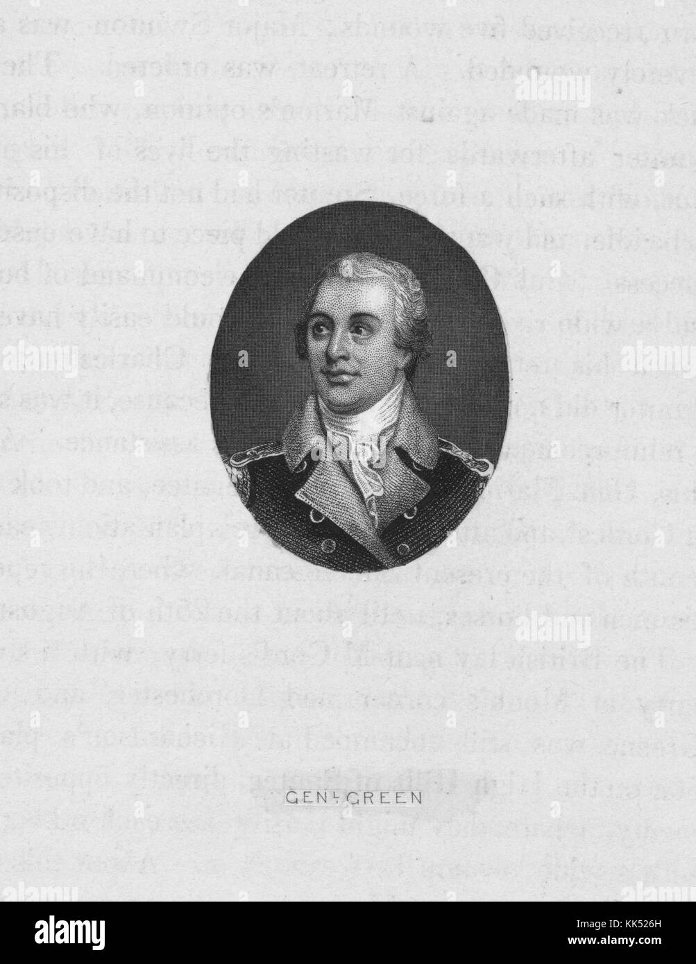 Eine Gravur aus einem Porträt von Nathanael Greene, er war während des Amerikanischen Unabhängigkeitskriegs Generalmajor in der Kontinentalarmee, er wird dafür geehrt, britische Truppen erfolgreich aus den Carolinas getrieben zu haben, Er begann den Krieg als Gefreiter und arbeitete sich hoch, um einer der wichtigsten und zuverlässigsten Offiziere unter George Washingtons Kommando zu werden, 1800. Aus der New York Public Library. Stockfoto