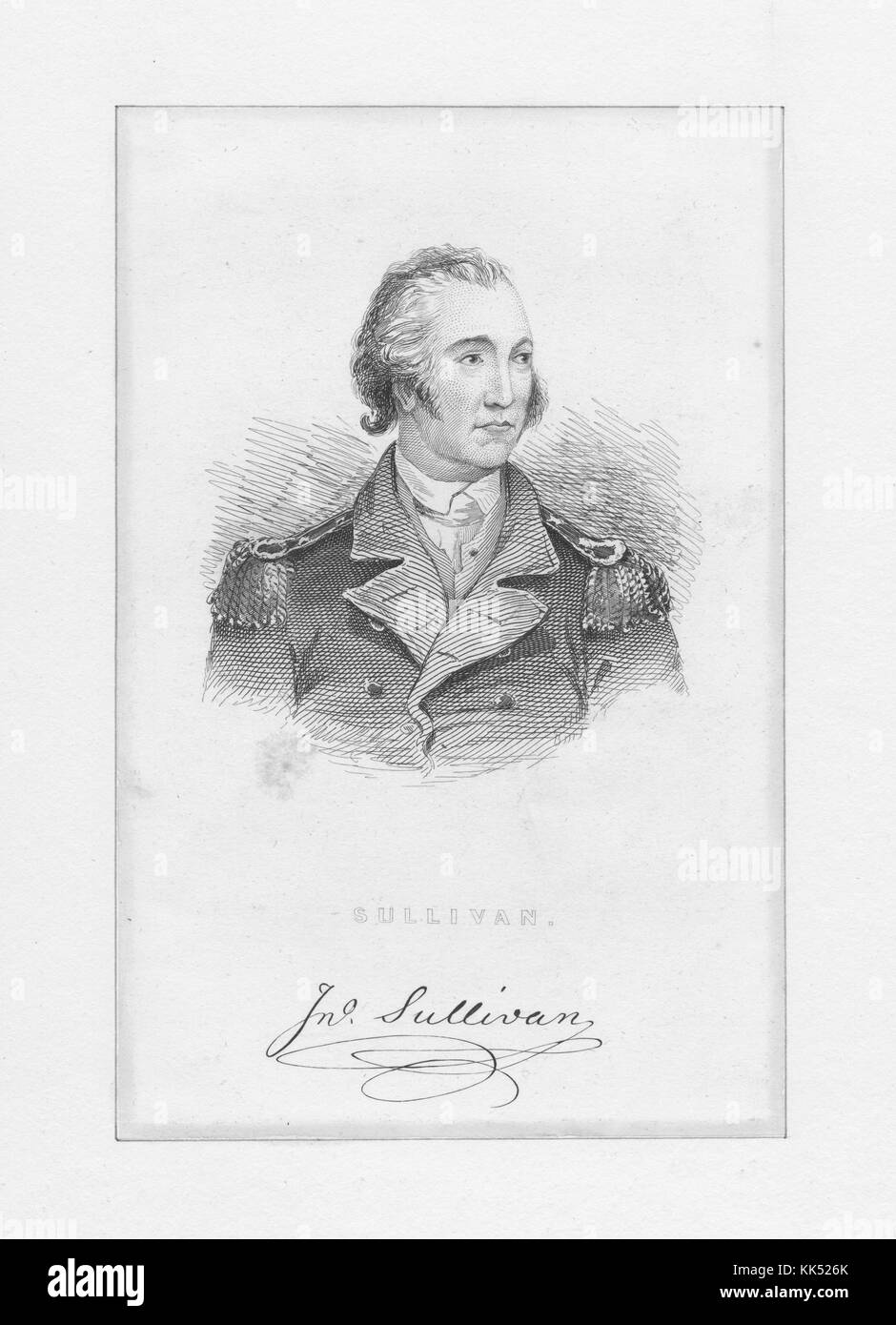 Eine Gravur aus einem Porträt von John Sullivan, er war während des Amerikanischen Unabhängigkeitskriegs Generalmajor in der Kontinentalarmee und 1800 auch dritter Gouverneur von New Hampshire. Aus der New York Public Library. Stockfoto