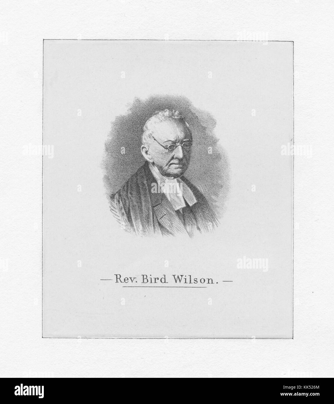 Ein Kupferstich aus einem Porträt von Reverend Bird Wilson, ist vor allem für seine historischen Werke bekannt, die Licht auf die religiösen Praktiken einiger der US-Gründungsväter werfen, er war der Vater von James Wilson, der Gründungsvater der Vereinigten Staaten und Unterzeichner der Unabhängigkeitserklärung der Vereinigten Staaten von 1885 war. Aus der New York Public Library. Stockfoto