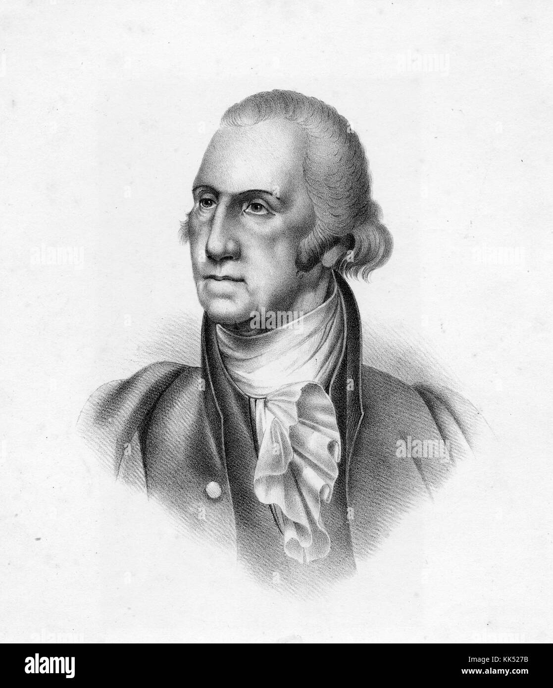 Eingraviertes Porträt von George Washington, mit Rüschen und ernstem Ausdruck, Washington, DC, 1800. Aus der New York Public Library. Stockfoto
