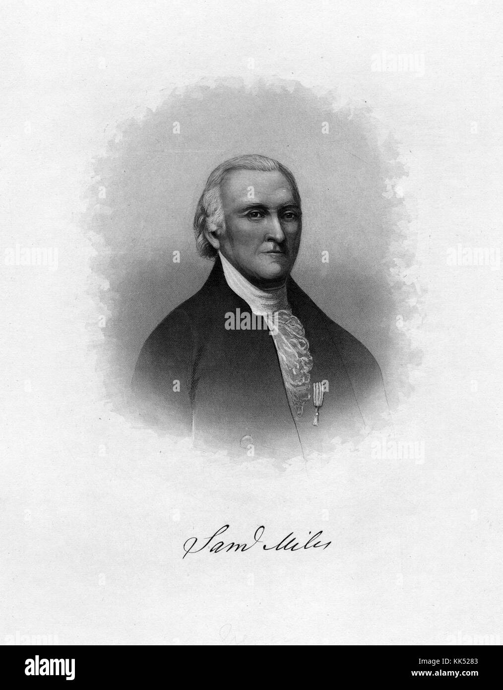 Eine Gravur aus einem Porträt von Samuel Miles, er war Militäroffizier im Französischen und Indischen Krieg und im Amerikanischen Unabhängigkeitskrieg, er hatte auch eine politische Karriere, in der er als Richter am Berufungsgericht in Pennsylvania und als Bürgermeister von Philadelphia fungierte, Die Stadt Milesburg, Pennsylvania, ist nach ihm benannt, 1800. Aus der New York Public Library. Stockfoto