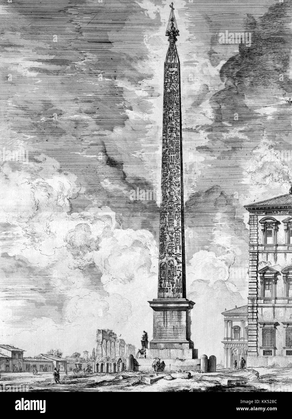 Radierung und Gravur eines ägyptischen Obelisken auf der Piazza San Giovanni in Laterano, von Giovanni Battista Piranesi, Rom, Italien, 1749. Aus der New York Public Library. Stockfoto