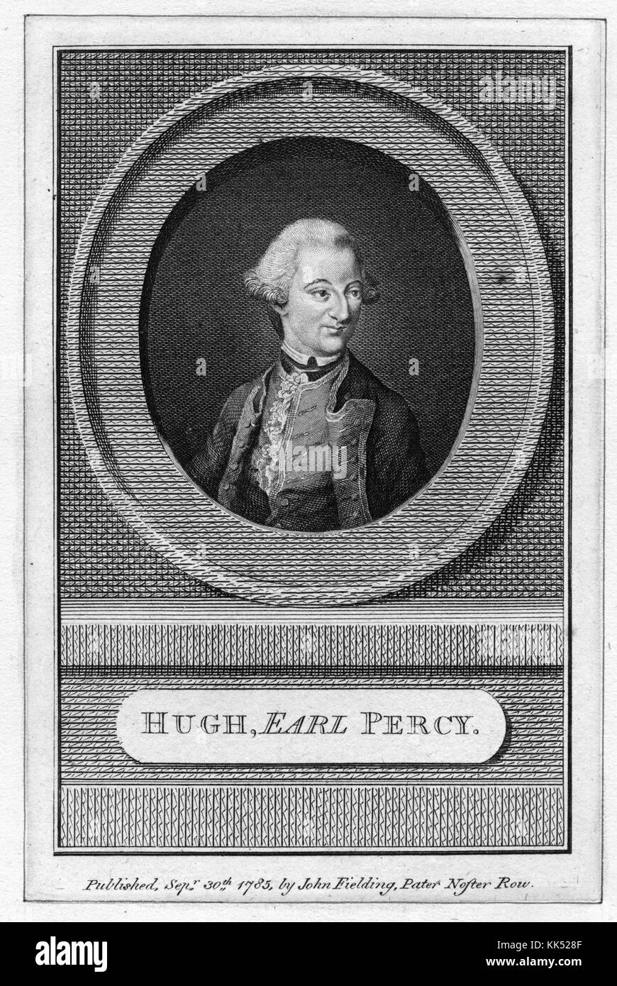 Porträt von Hugh Percy, Offizier der britischen Armee, nahm an der Schlacht von Lexington und Concord und an der Schlacht von Long Island während des Amerikanischen Unabhängigkeitskrieges Teil, in einem Oval mit der Unterschrift „Hugh, Earl Percy“ von John Fielding, 1785. Aus der New York Public Library. Stockfoto