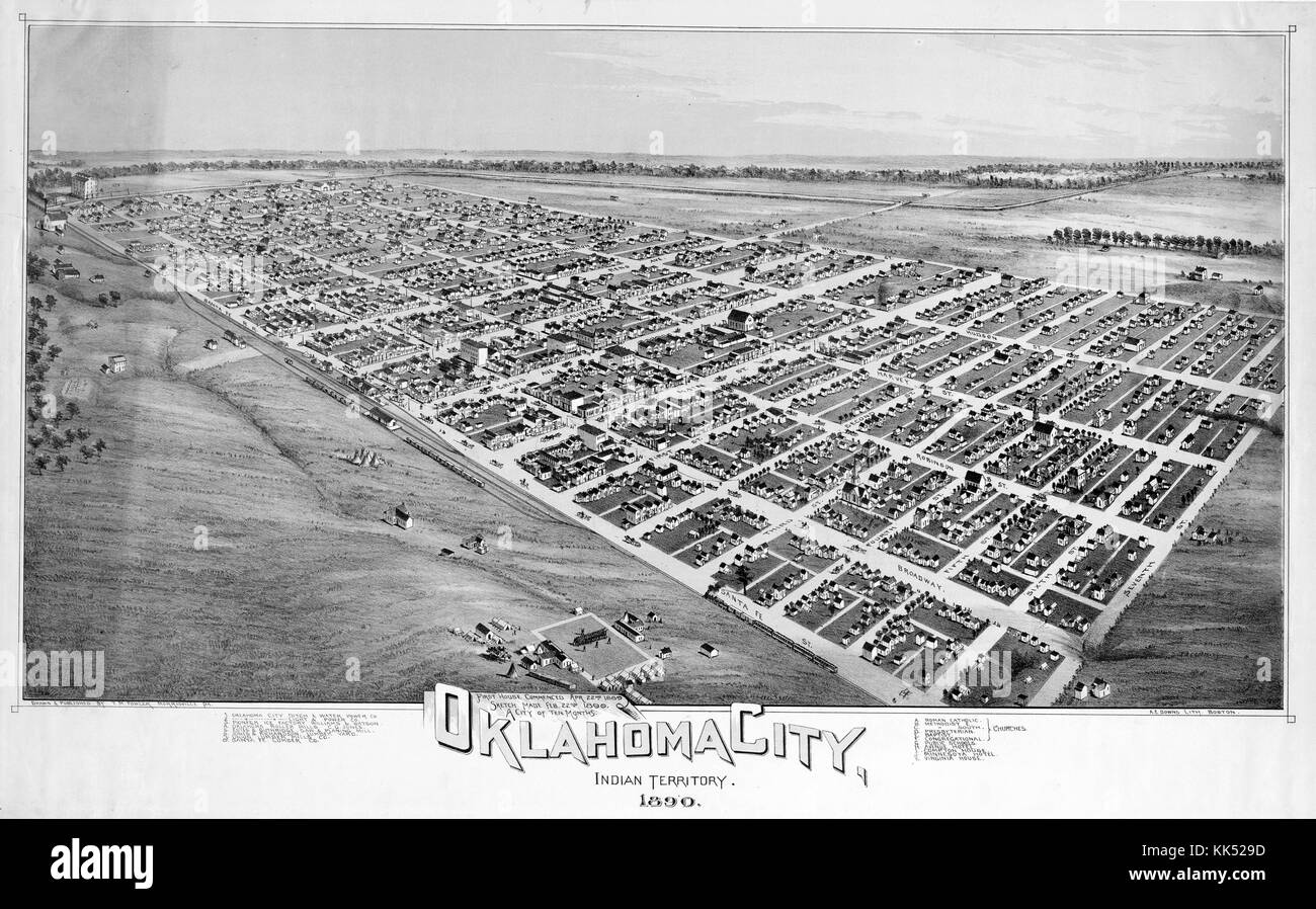 Die Lithographie zeigt ein Luftbild der Stadt, mit Untertiteln "Oklahoma City, indische Territorium', Oklahoma City, Oklahoma, 1890. Von der New York Public Library. Stockfoto