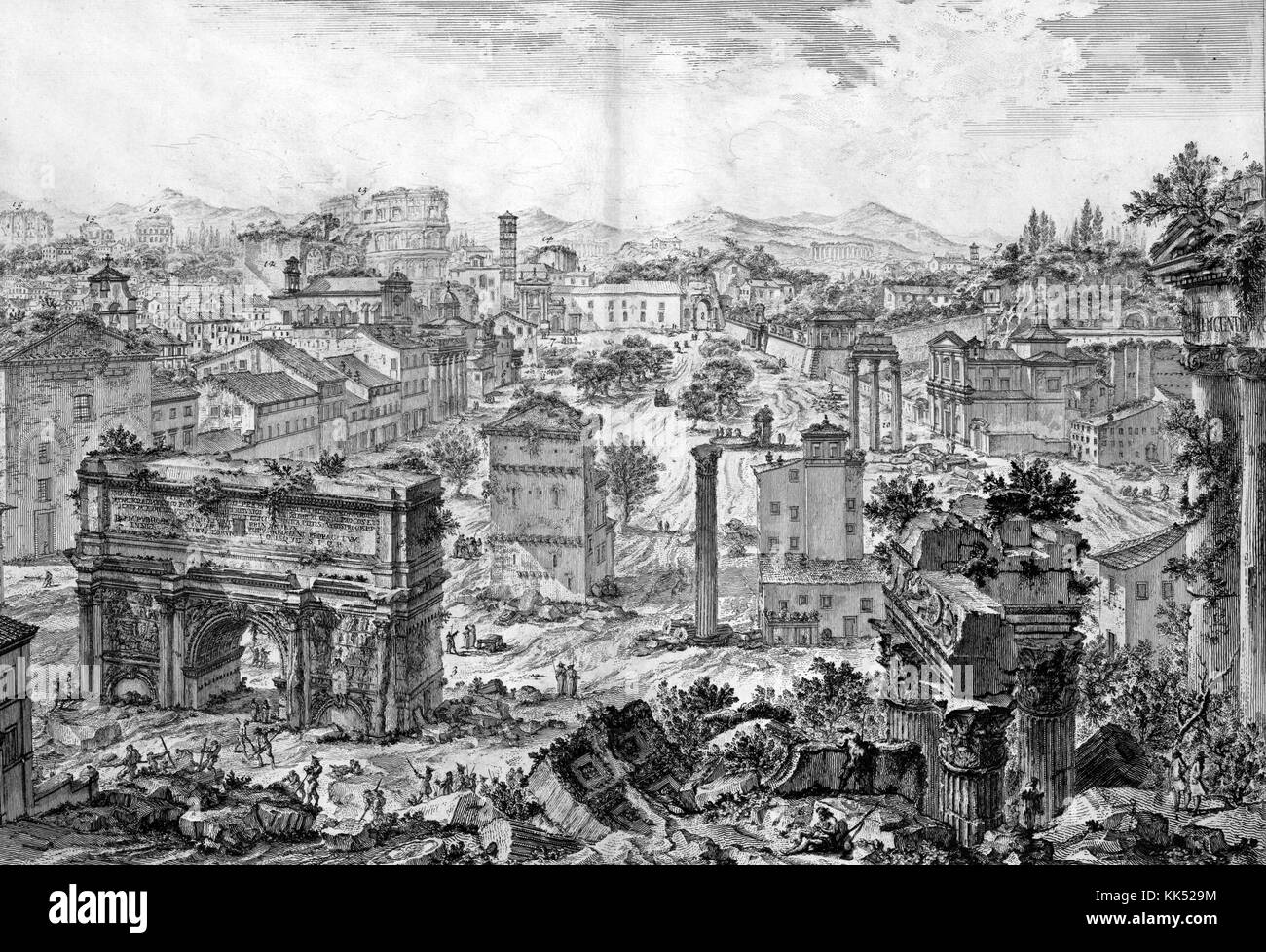 Eine Gravur, die das Gebiet, das als Campo Vaccino bekannt ist, darstellt, was übersetzt „Rinderfelder“ bedeutet, zu der Zeit, als das Bild vor einer großen Ausgrabung der Ruinen erstellt wurde, es war der Ort vieler römischer Gebäude, die verfallen und einstürzen ließen und schließlich für ihren Stein ausfindig gemacht wurden, schließlich wurde der Ort ausgegraben und viele Ruinen wurden restauriert, der Bogen des Septimius Severus ist im Vordergrund zwischen den Ruinen zu sehen. modernere Bauten sind in Rom, Italien, 1749 zu sehen. Aus der New York Public Library. Stockfoto