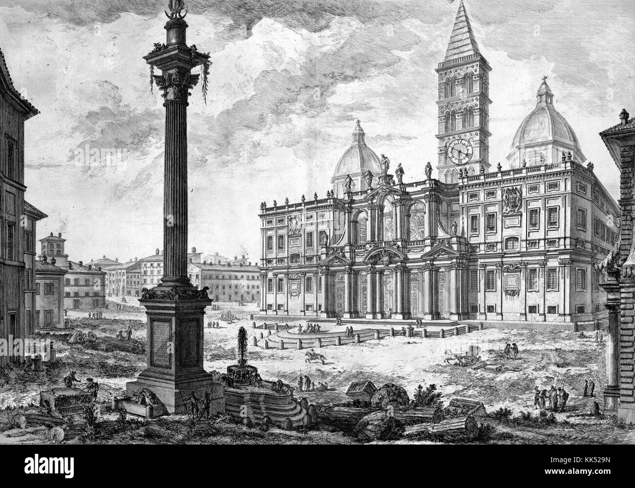 Eine Ätzung, die das Äußere der Basilika Santa Maria Maggiore darstellt. Die heutige Kirche wurde im 5. Jahrhundert unter dem Auftrag von Papst Sixtus III. Erbaut. Sie bleibt Eigentum des Heiligen Stuhls, auch wenn sie außerhalb der Grenzen der Vatikanstadt liegt. Sie ist die größte römisch-katholische Kirche, die 1749 in Rom, Italien, der Maria gewidmet ist. Aus der New York Public Library. Stockfoto