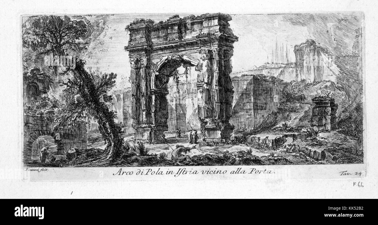 Pula in Istrien nahe dem Hafenbogen, Italien, 1749. Aus der New York Public Library. Stockfoto