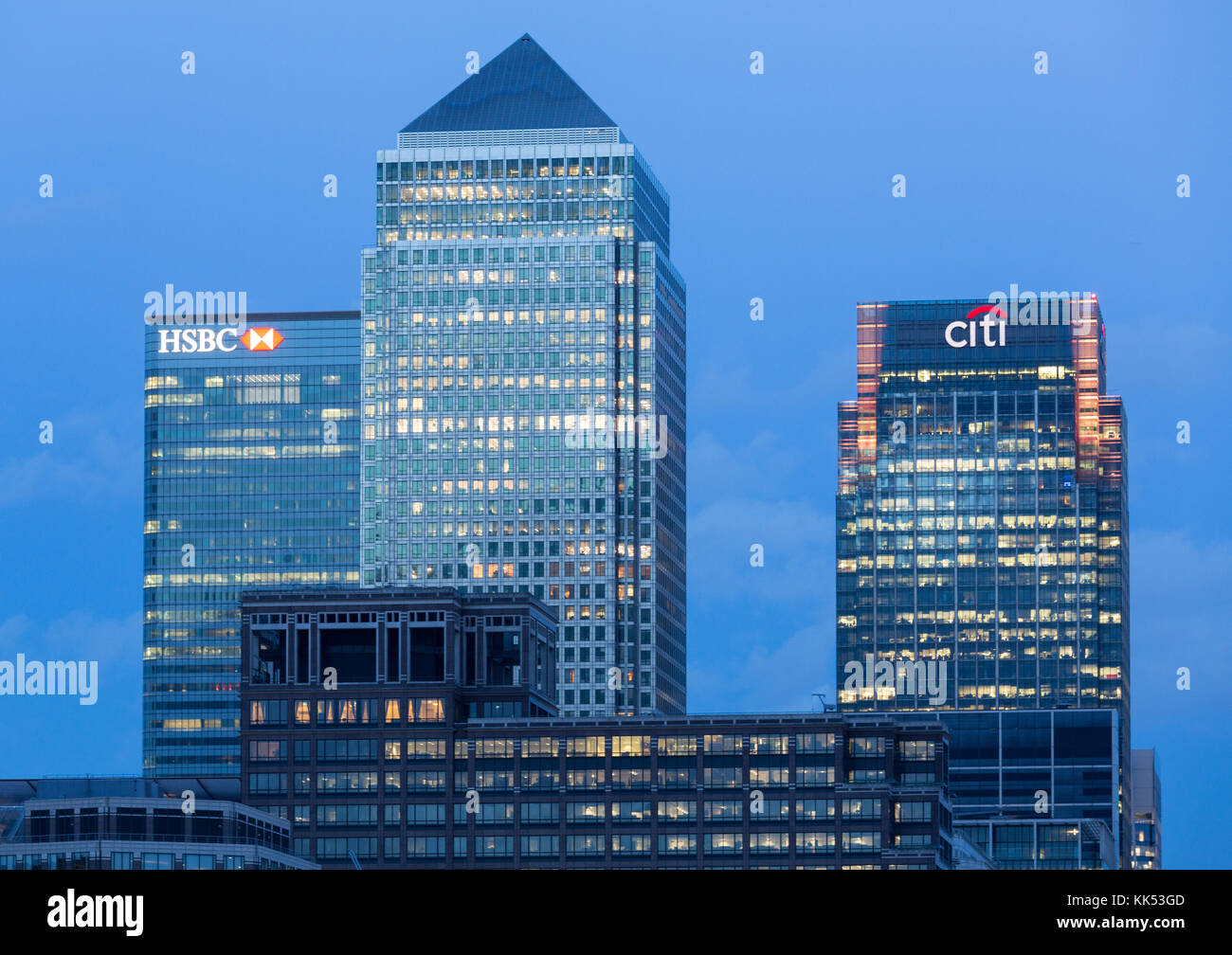 Skyline von Canary Wharf in London Stockfoto