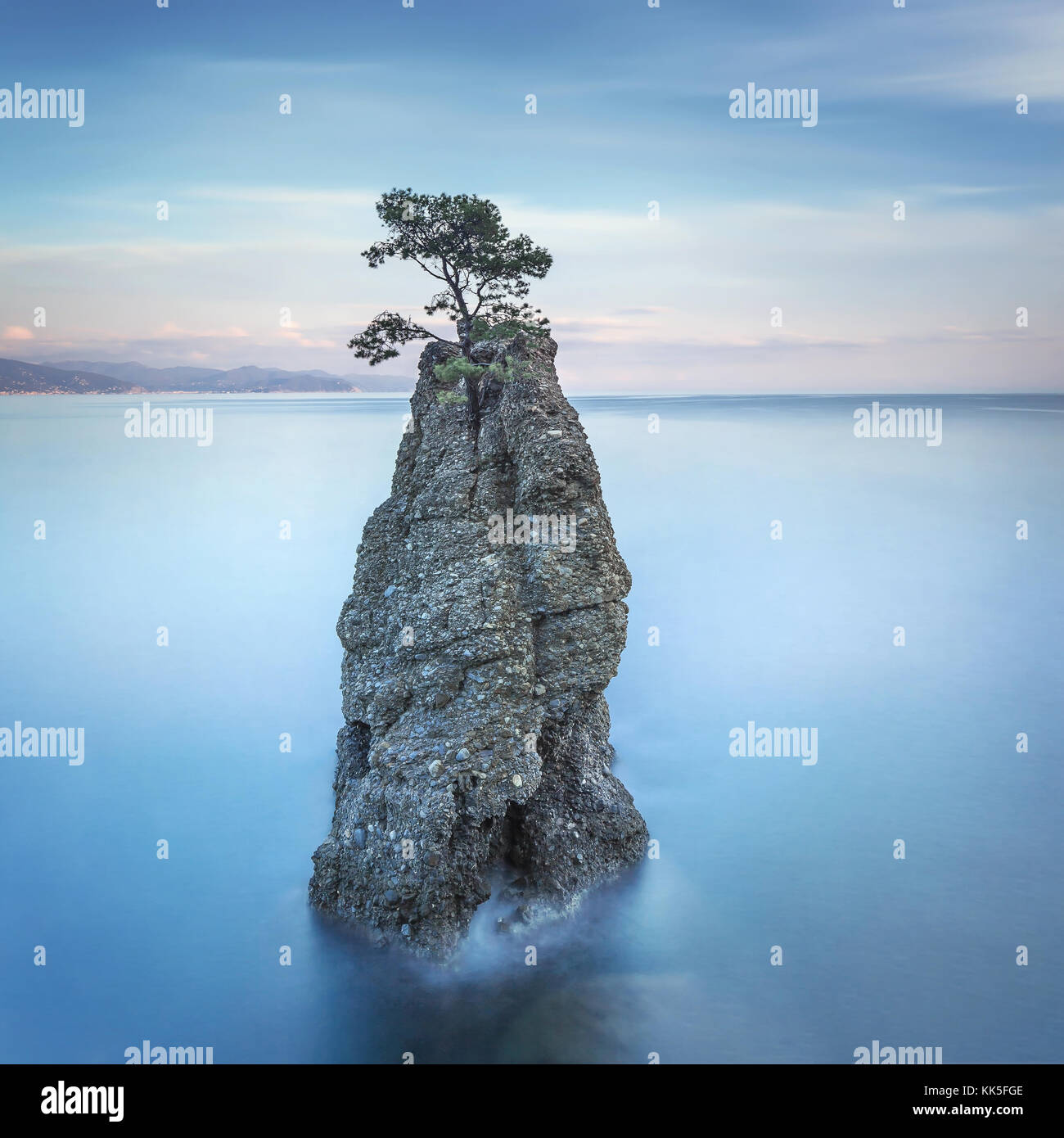 Portofino natural Regional Park. lonely Pine Tree rock und Coastal Cliff Beach. Fotos mit langer Belichtungszeit. Ligurien, Italien Stockfoto