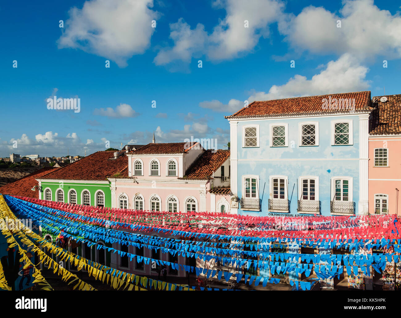 Sao Joao Festival Dekorationen auf Largo do Pelourinho, Erhöhte Ansicht, Salvador, Bundesstaat Bahia, Brasilien Stockfoto