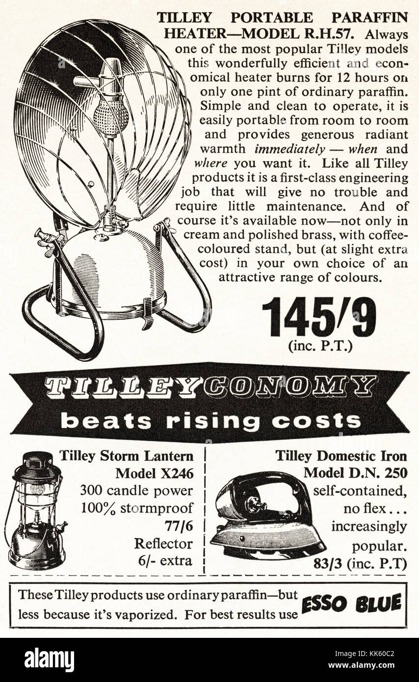 1950er alte alte alte alte Originalwerbung im britischen Magazin Printwerbung für Tilley-Paraffin-Lampen und -Heizgeräte aus dem Jahr 1958 UK Stockfoto