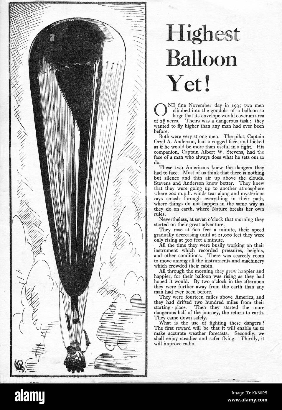 Ein 1936 Bericht des Datensatzes (Höhe) brechen Ballonfahrt (14 km Hoch) von Orville ein Anderson und Kapitän Albert W Stevens von den USA Stockfoto