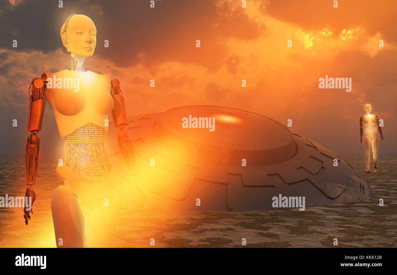 Eine fliegende Untertasse & seine android Crew. Stockfoto