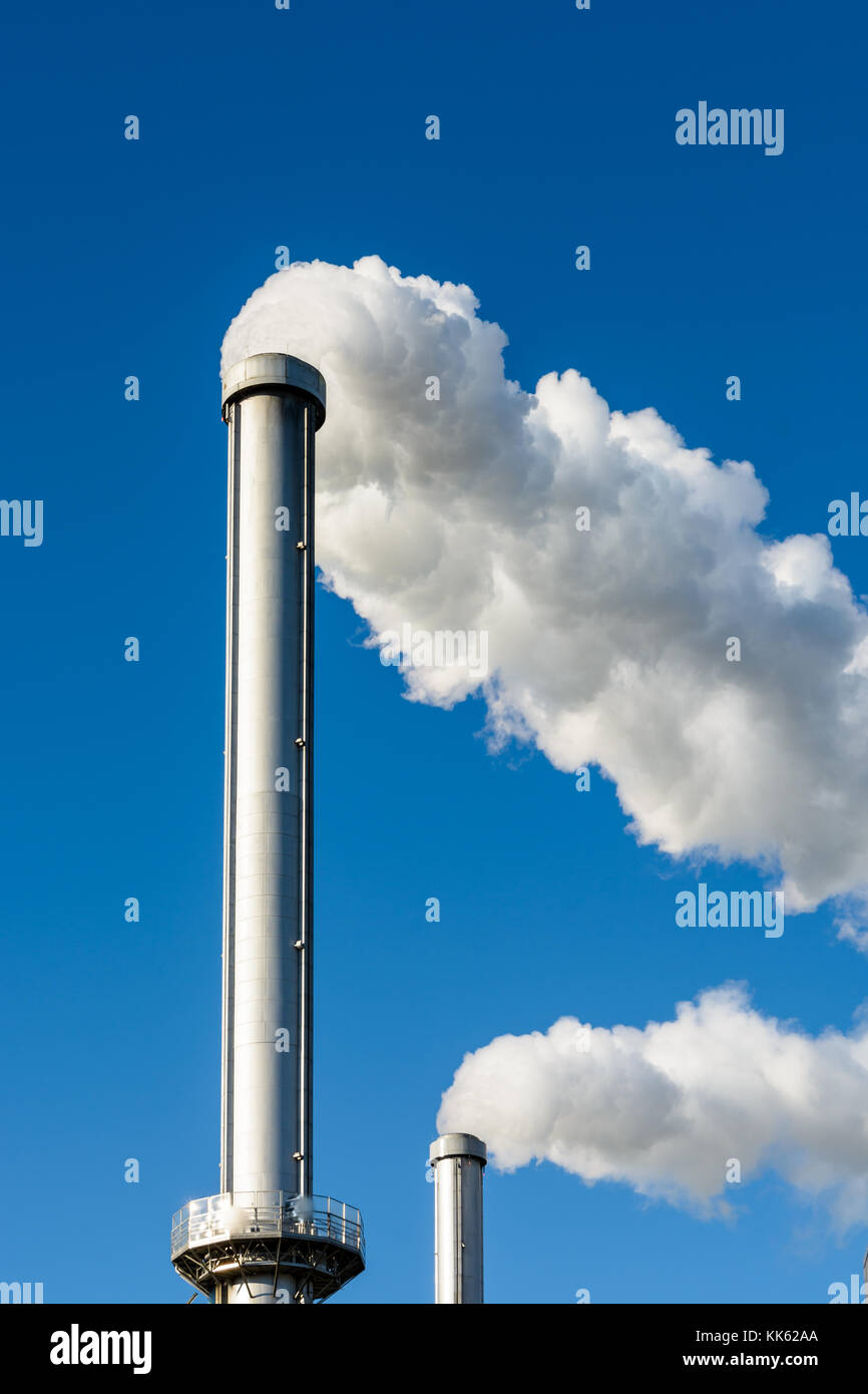 Zwei metallische Schornsteine spuckt eine dicke Wolke von weißem Rauch gegen den tiefblauen Himmel. Stockfoto