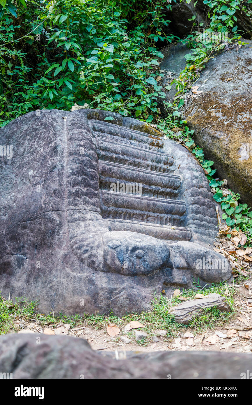 Geschnitzte Schritte möglicherweise für Menschenopfer in den Ruinen der pre-längst vergangene angkorianische Khmer Hindu Tempel von Wat Phou, Champasak, Laos, Südostasien Stockfoto