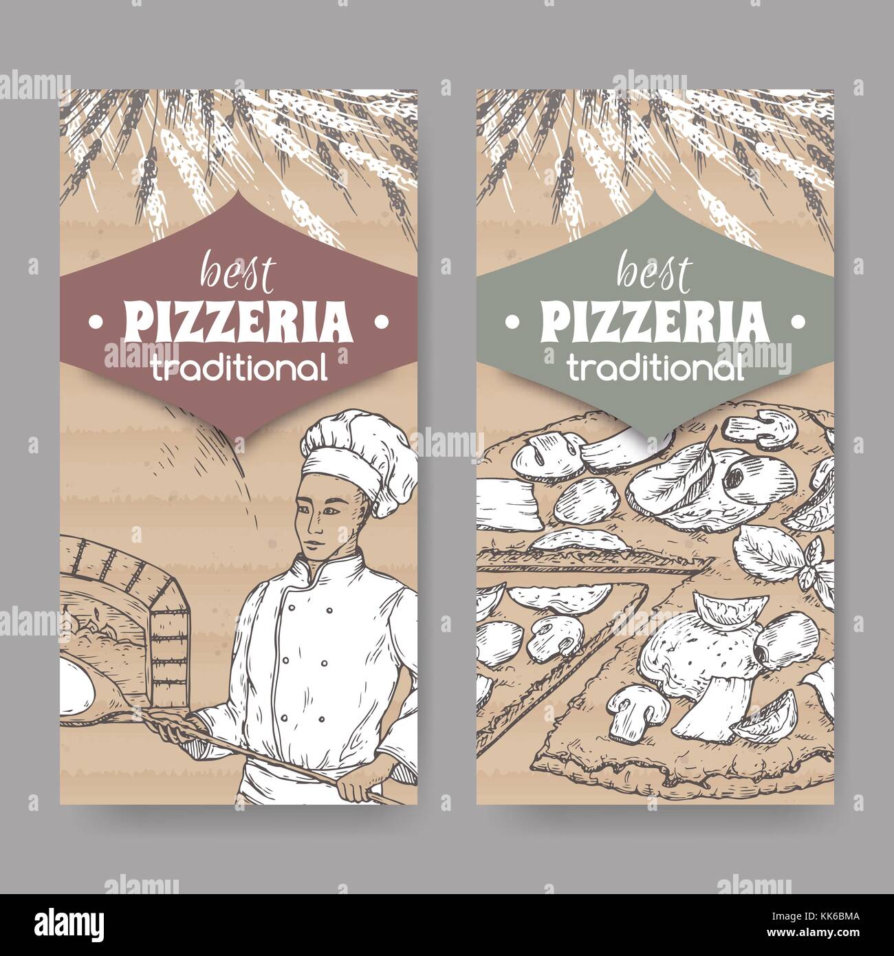 Zwei pizzeria Labels mit Bäcker, Backofen und Pizza auf Karton. Stock Vektor