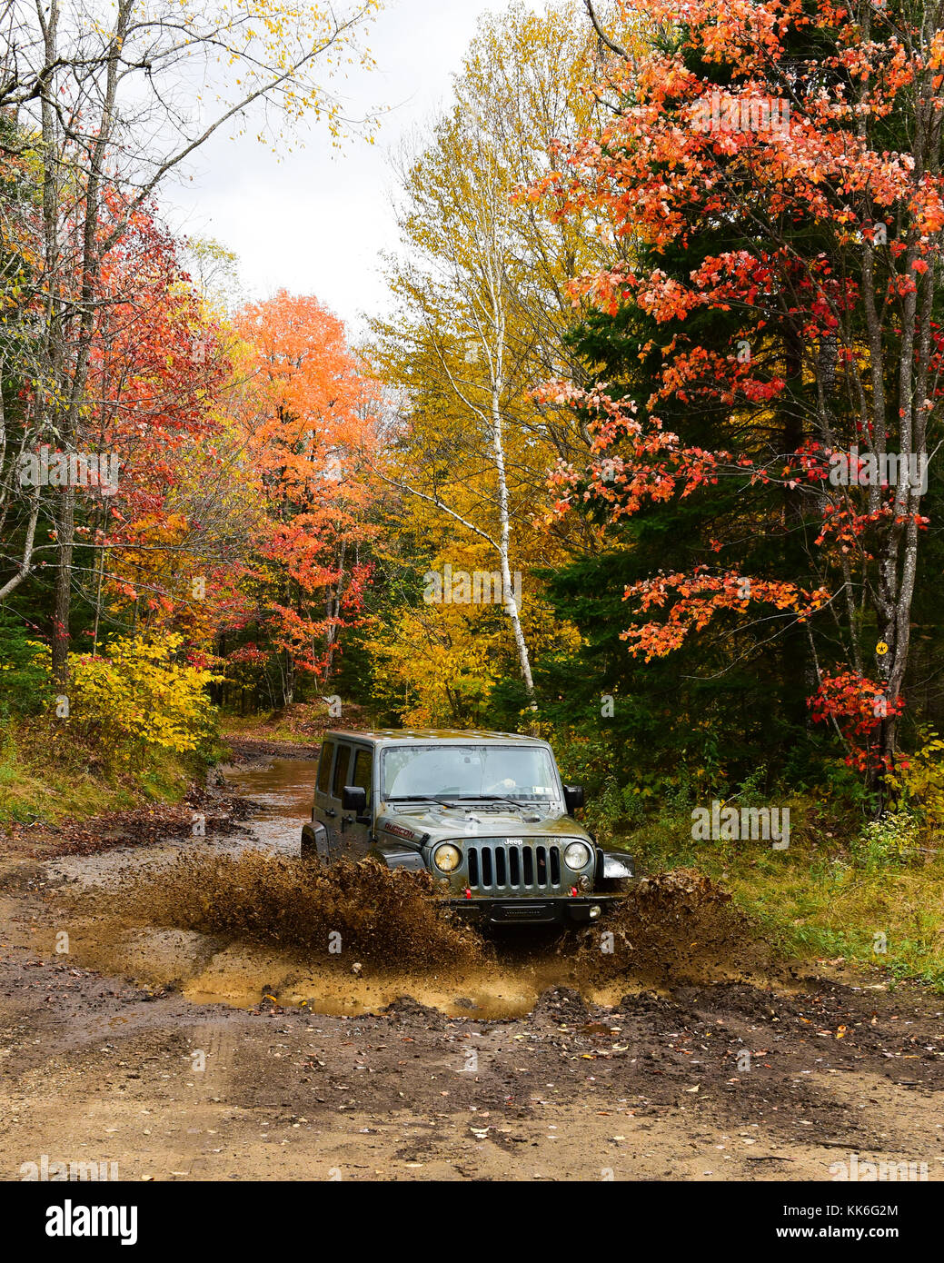 Jeep Wrangler Rubicon Spritzwasser durch Schlamm und Wasser Pfütze im Adirondack NY Wald. Stockfoto