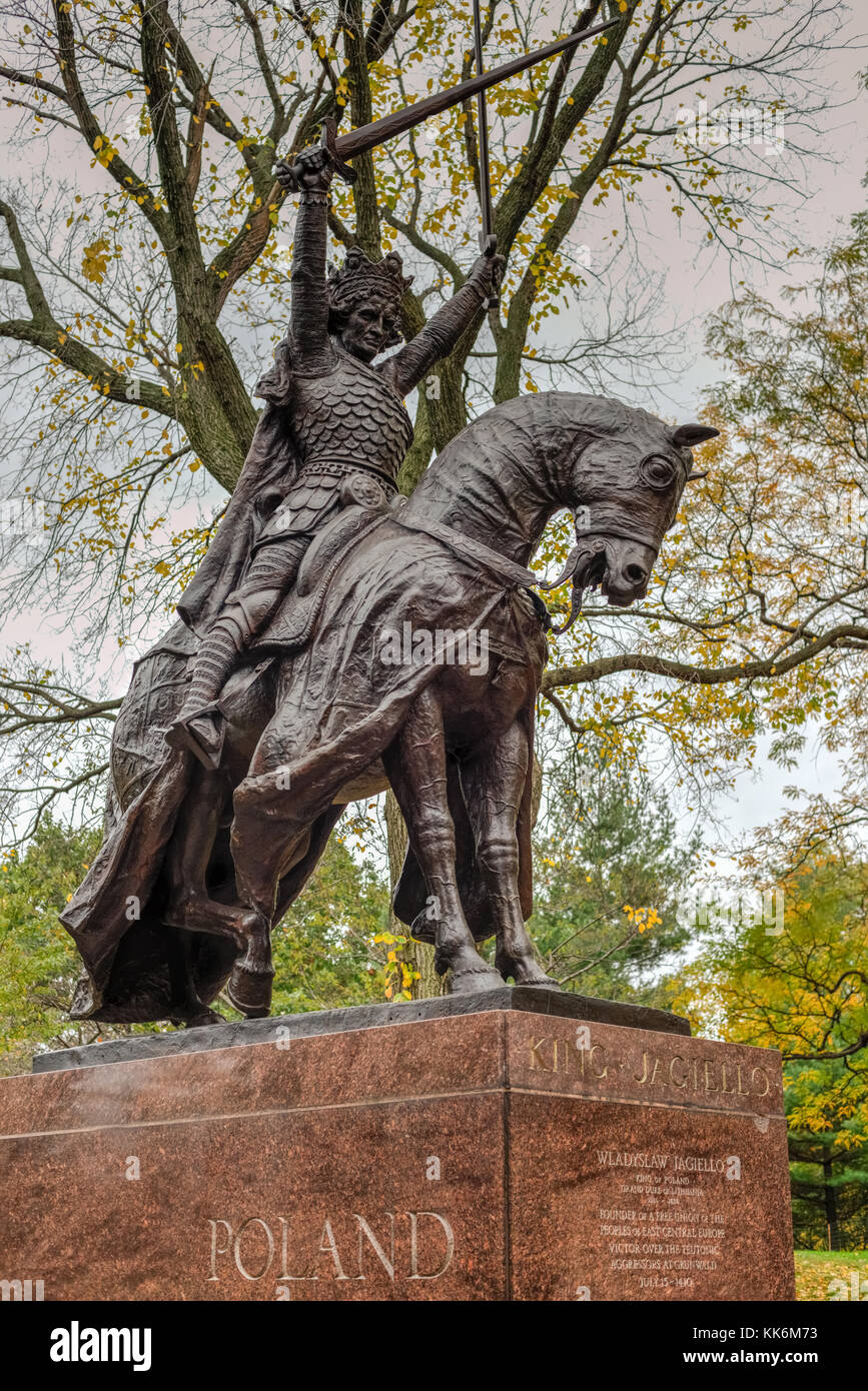 König Jagiello Denkmal, das für faire Pavillon der polnischen 1939 new york Welt erschaffen wurde und später mit der Central Park in New York City. Stockfoto