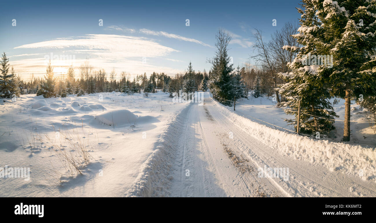 Verschneite Straße in die Landschaft. Roslagen, Uppland, Schweden, Scaninavia. Stockfoto