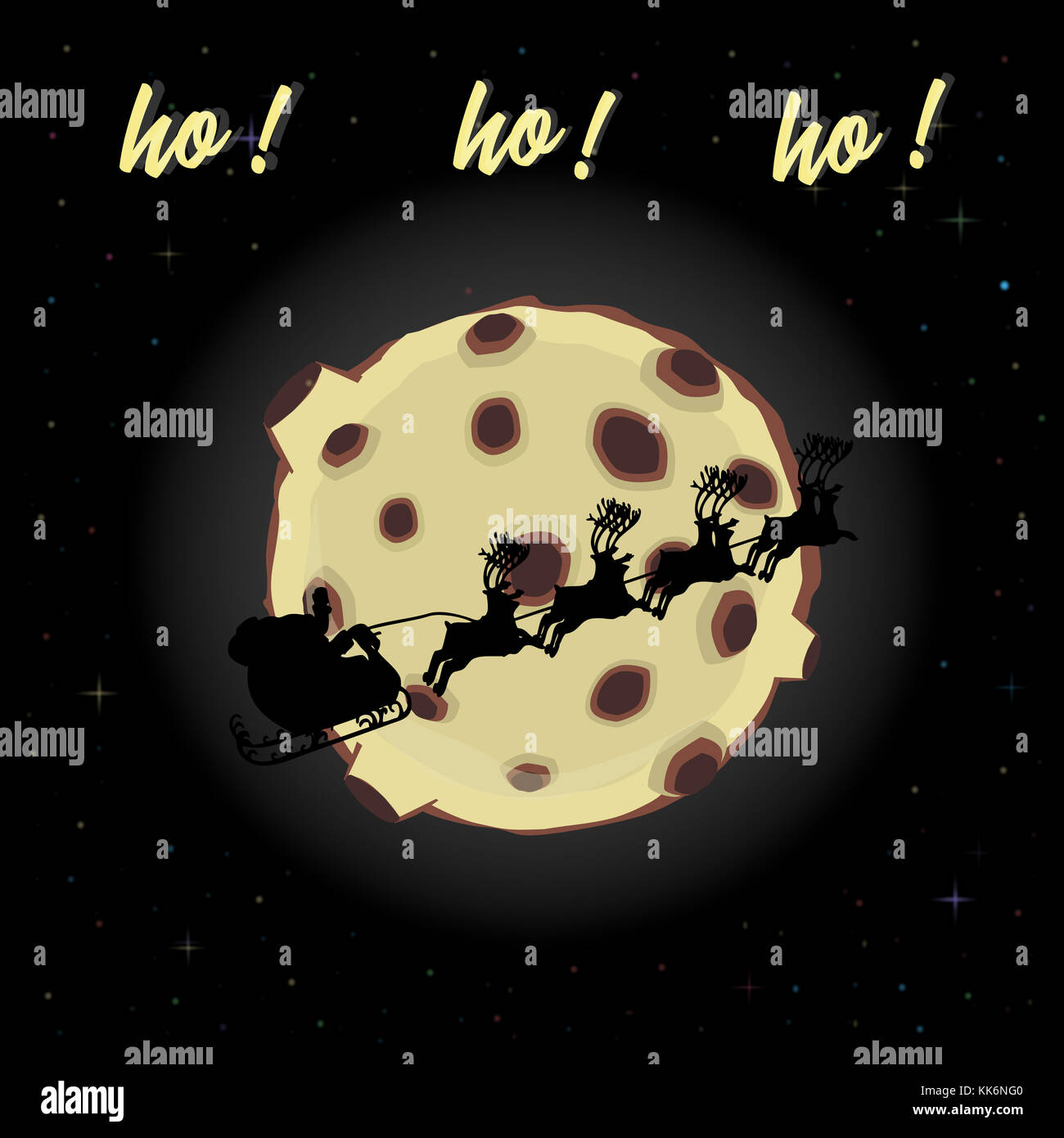Frohes Neues Jahr und Frohe Weihnachten Karte mit Flying santa sleigh Silhouette auf Full moon Hintergrund mit Sternen und Text Ho Ho Ho Stockfoto