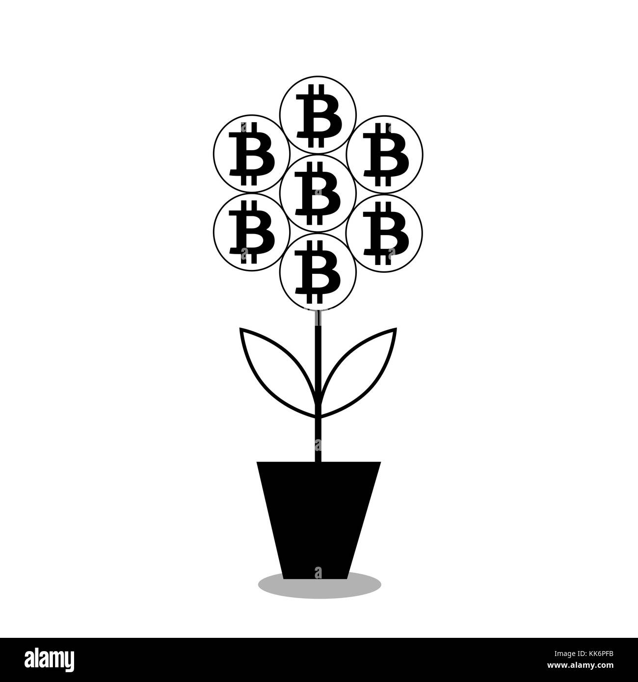 Vector Illustration von bitcoin Blume im Topf. schwarze Silhouette, Symbol Clipart auf weißem Hintergrund. Stockfoto