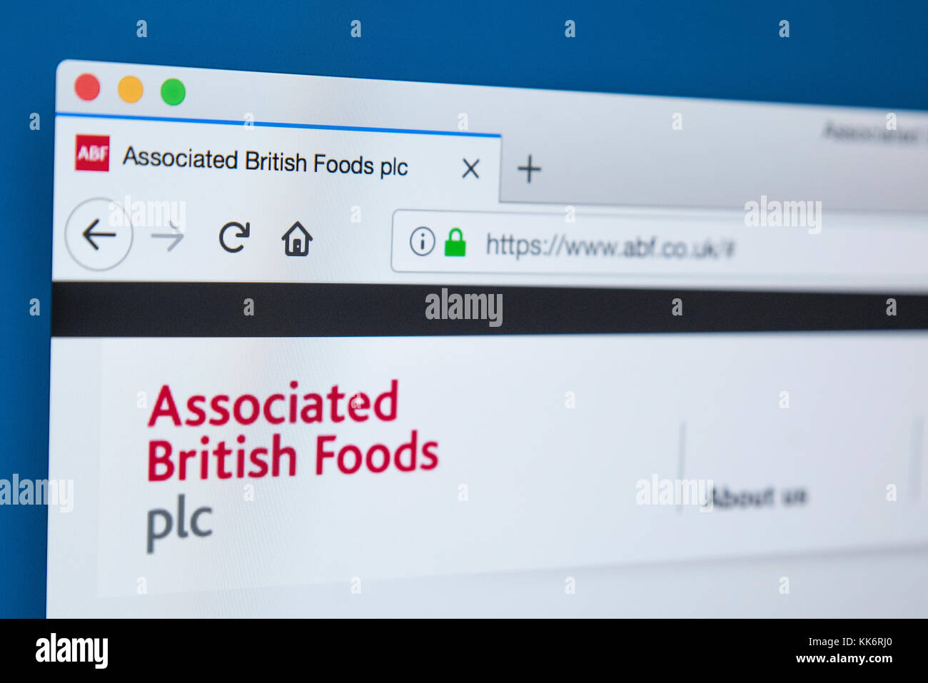 LONDON, GROSSBRITANNIEN, 22. November 2017: Die Homepage der offiziellen Website für Associated British Foods plc - die Britische multinationale Nahrungsmittel- und Stockfoto