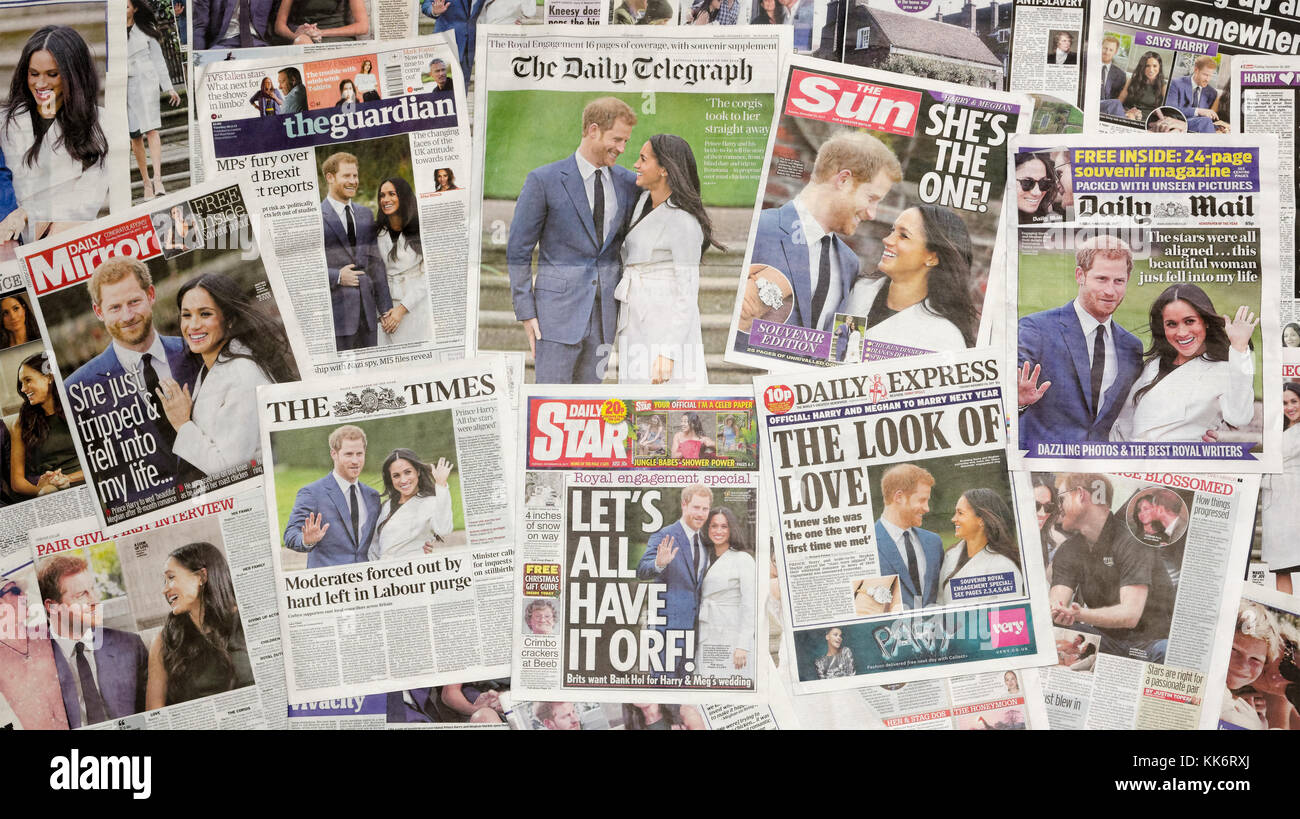 Britische Zeitung Vorderseiten nach der Ankündigung der Royal Engagement von Prinz Harry und Meghan Markle. Stockfoto