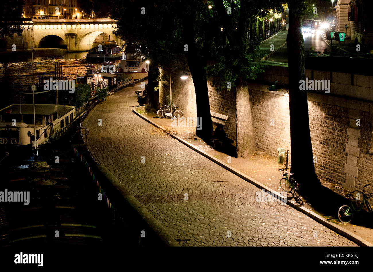 Paris, Frankreich. Weg entlang dem Fluss Seine in der Nacht Stockfoto