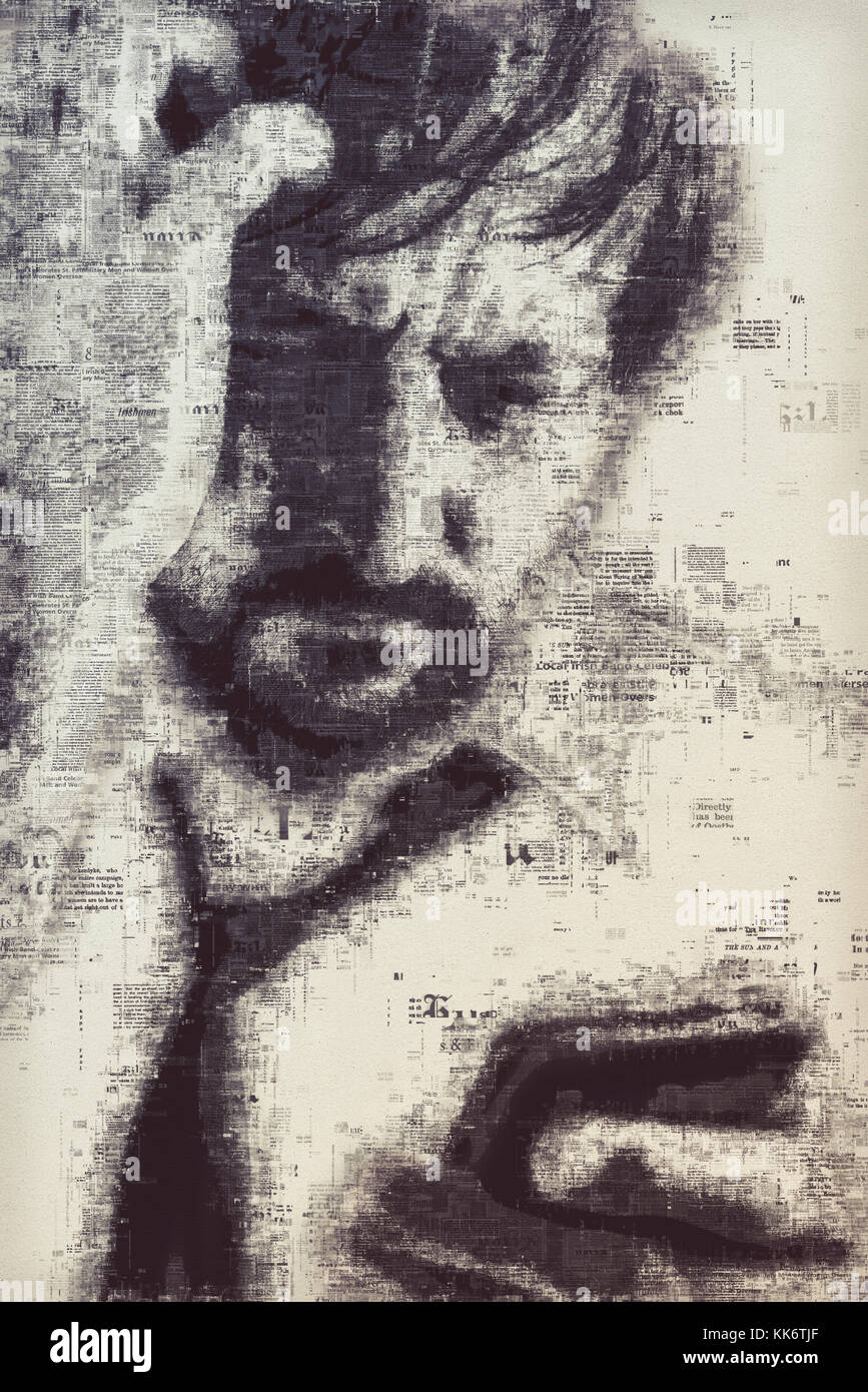 Besorgt Geschäftsmann lesen online Zeitung e-News auf Handy, mixed Media grafische Darstellung Stockfoto