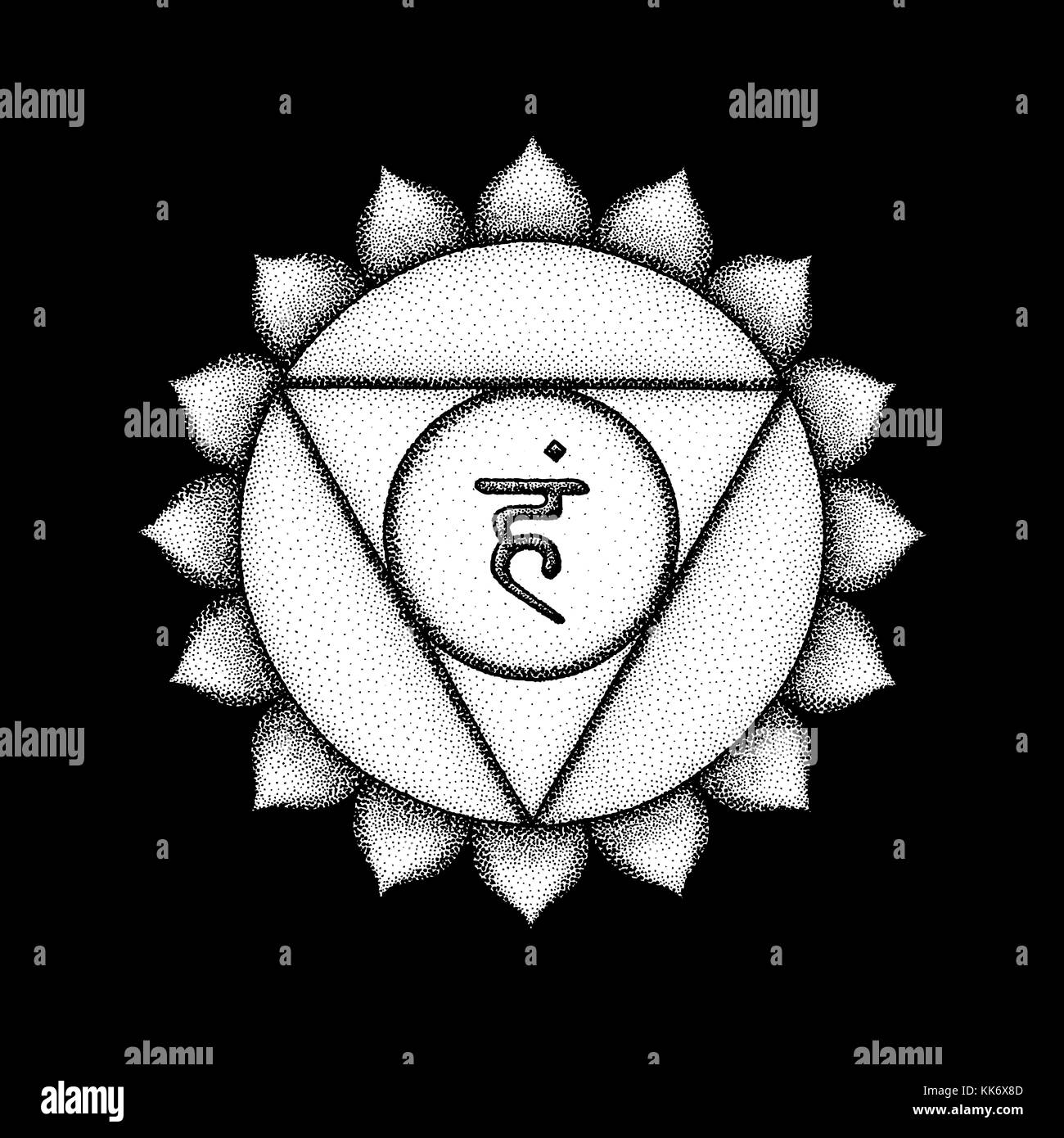Vektor fünften vishuddha Hals- Chakra sanskrit Saatgut mantra Schinken Hinduismus Silbe Lotusblüten. dot arbeiten Tattoo Style Hand gezeichnet weiß Schwarzweiß-Symbol Stock Vektor