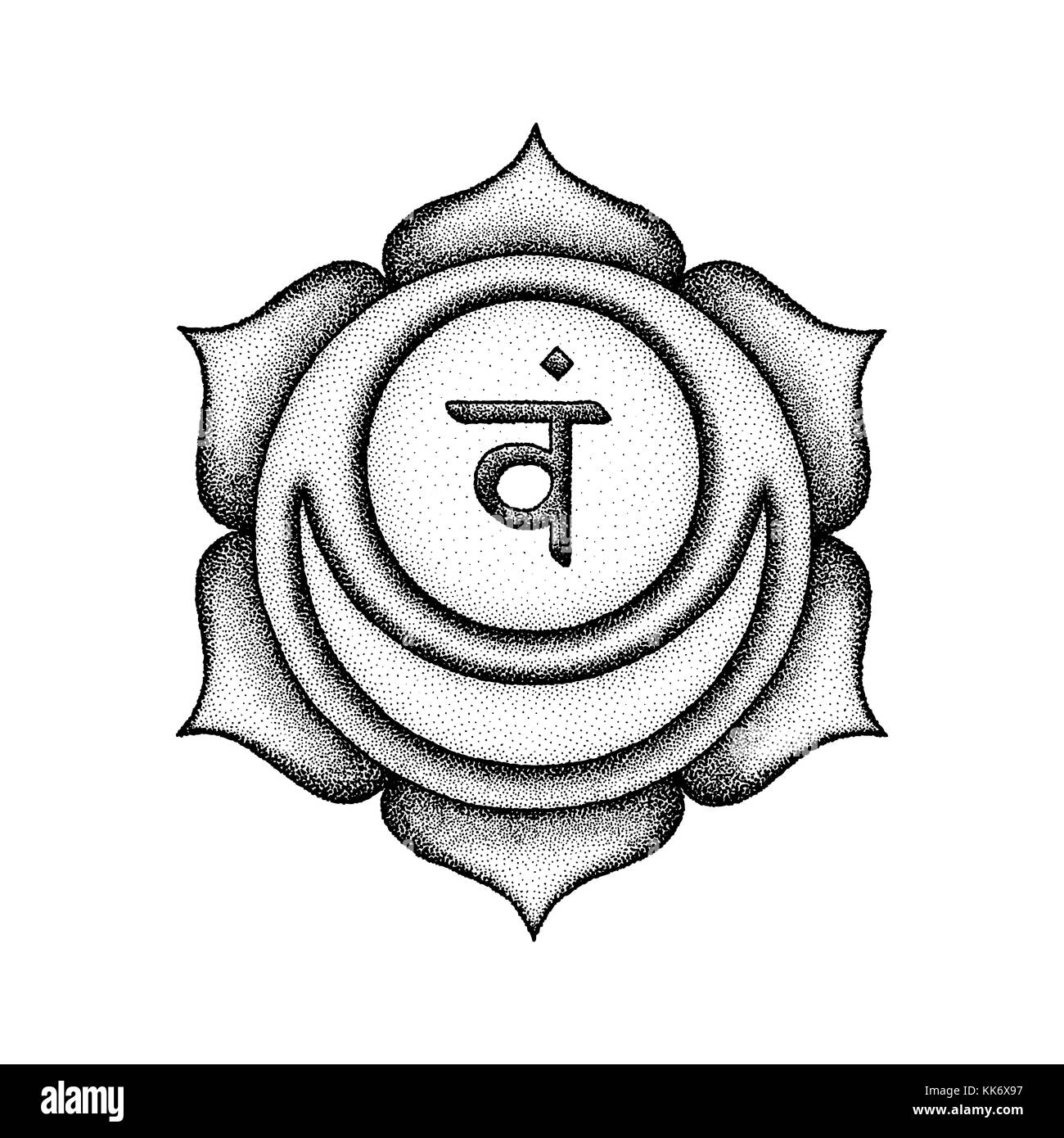 Vektor zweite svadhishthana chakra Sanskrit sakralen Saatgut mantra vam Hinduismus Silbe Lotusblüten. dot arbeiten Tattoo Style Hand gezeichnet Schwarz monochrome s Stock Vektor