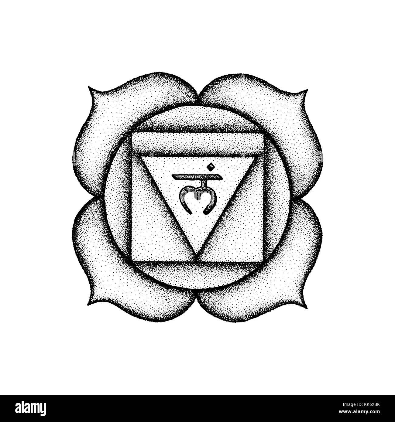 Vektor erste Wurzel chakra Sanskrit muladhara Saatgut mantra lam Hinduismus Silbe Lotusblüten. dot arbeiten Tattoo Style Hand gezeichnet Schwarz monochrome Symbol w Stock Vektor