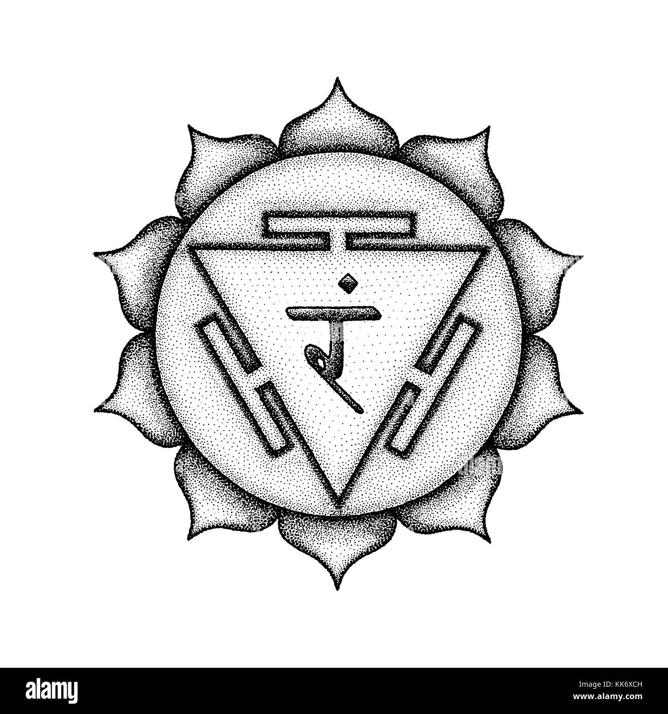 Vektor dritte Chakra manipura Sanskrit Stadt der Juwelen Saatgut mantra ram Hinduismus Silbe Lotusblüten. dot arbeiten Tattoo Style Hand gezeichnet Schwarz monochrom Stock Vektor