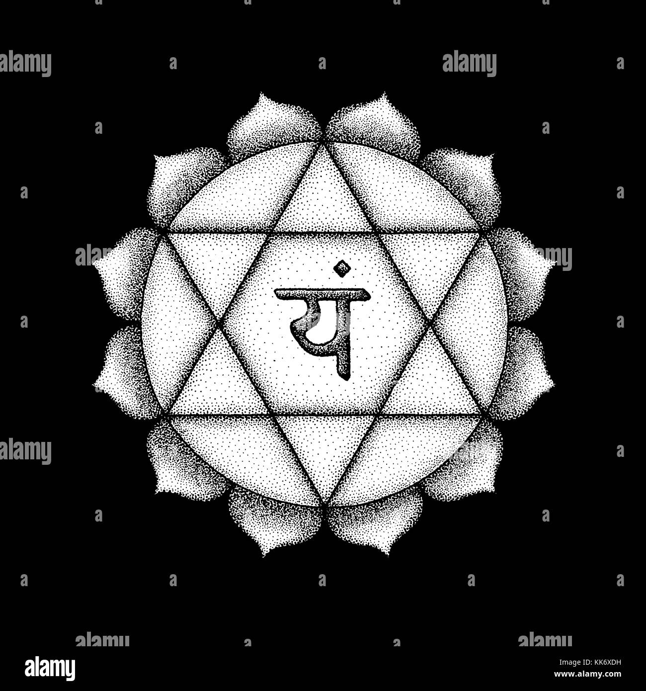 Vektor 4 Herz chakra Sanskrit Anahata Saatgut mantra yam Hinduismus Silbe Lotusblüten. dot arbeiten Tattoo Style Hand gezeichnet White monochrome Symbol b Stock Vektor