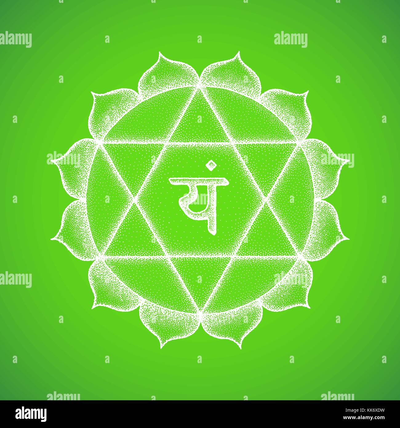 Vektor 4 Herz chakra Sanskrit Anahata Saatgut mantra yam Hinduismus Silbe Lotusblüten. dot arbeiten Tattoo Style Hand gezeichnet White monochrome Symbol g Stock Vektor
