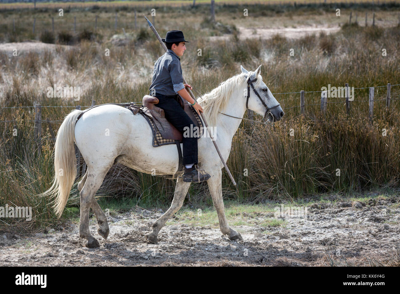 Ein junger französischer Guardian/Gardian auf Pferd, die Camargue, Frankreich Stockfoto